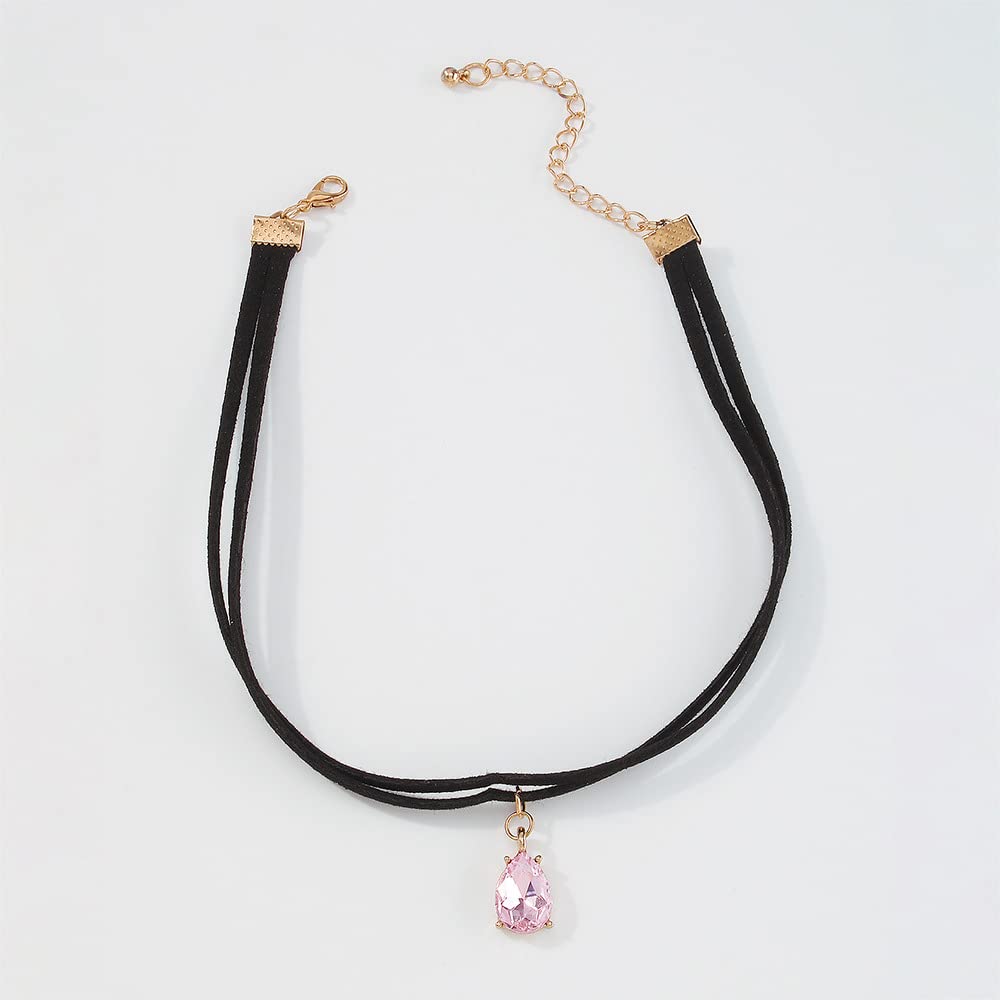GRAEEN Black Velvet Choker Necklace with Pink Gem Pendant - Elegant Layered Crystal Choker for Women | Perfect for Christmas, Parties & Date Nights