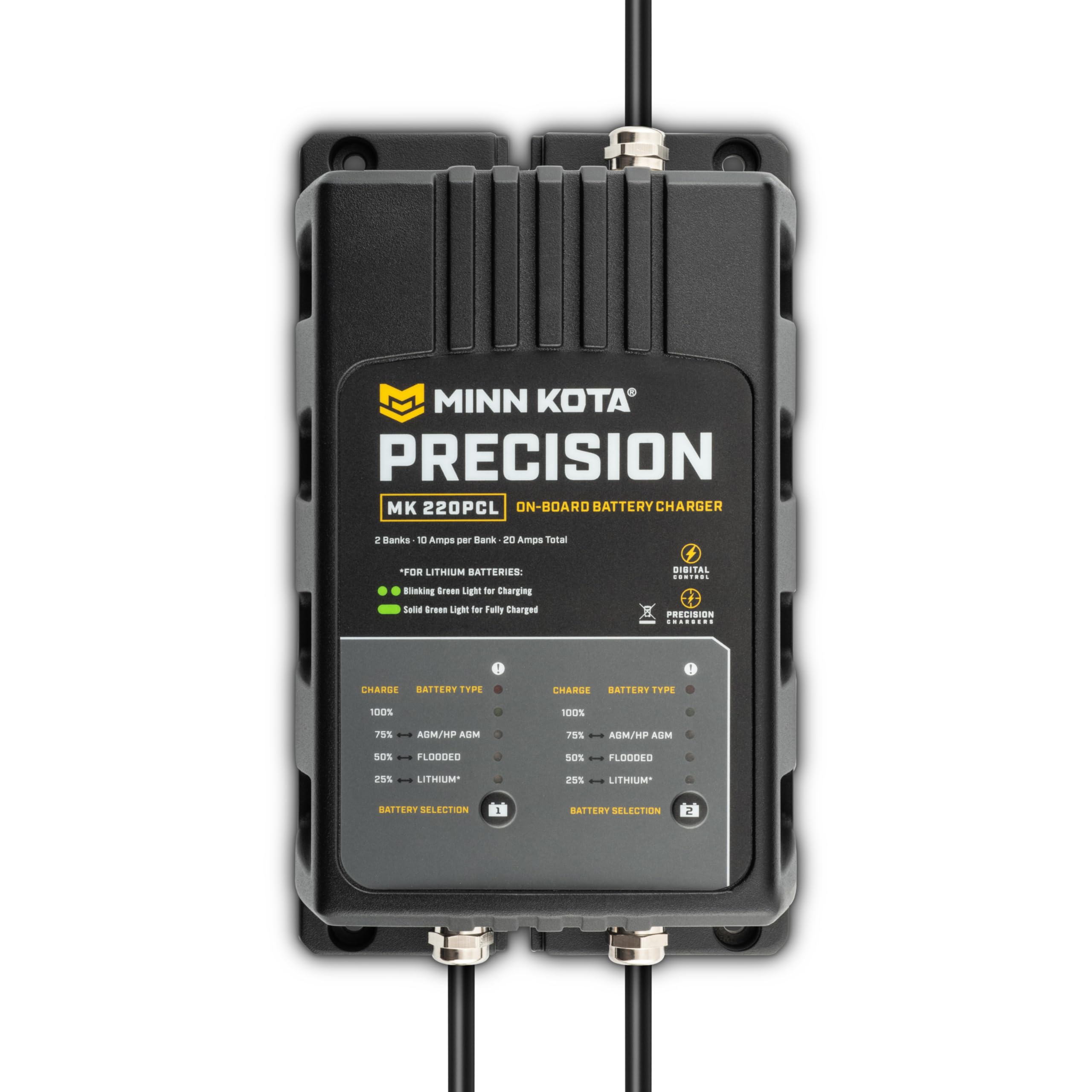 Minn Kota Precision Charger MK 220 PCL - 2 Bank 10 Amp Marine Battery Charger for Boats, Fishing & Trolling Motors | Waterproof & Maintenance-Free Charging Solution