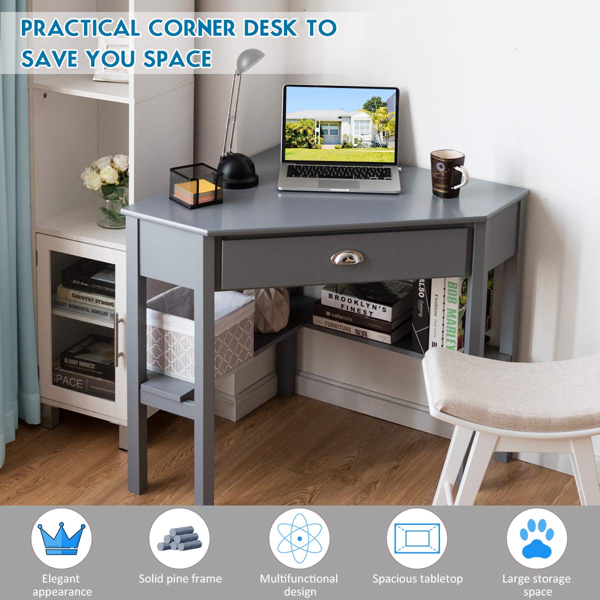 KOTEK Corner Desk with Drawer and Shelves - Wooden Home Office Desk, Triangle Computer Desk for Small Spaces, Writing Study Desk & Workstation, Makeup Vanity Table (Grey) - Perfect for Home Office, Gaming Setup, Dorm Room & Bedroom Workspace