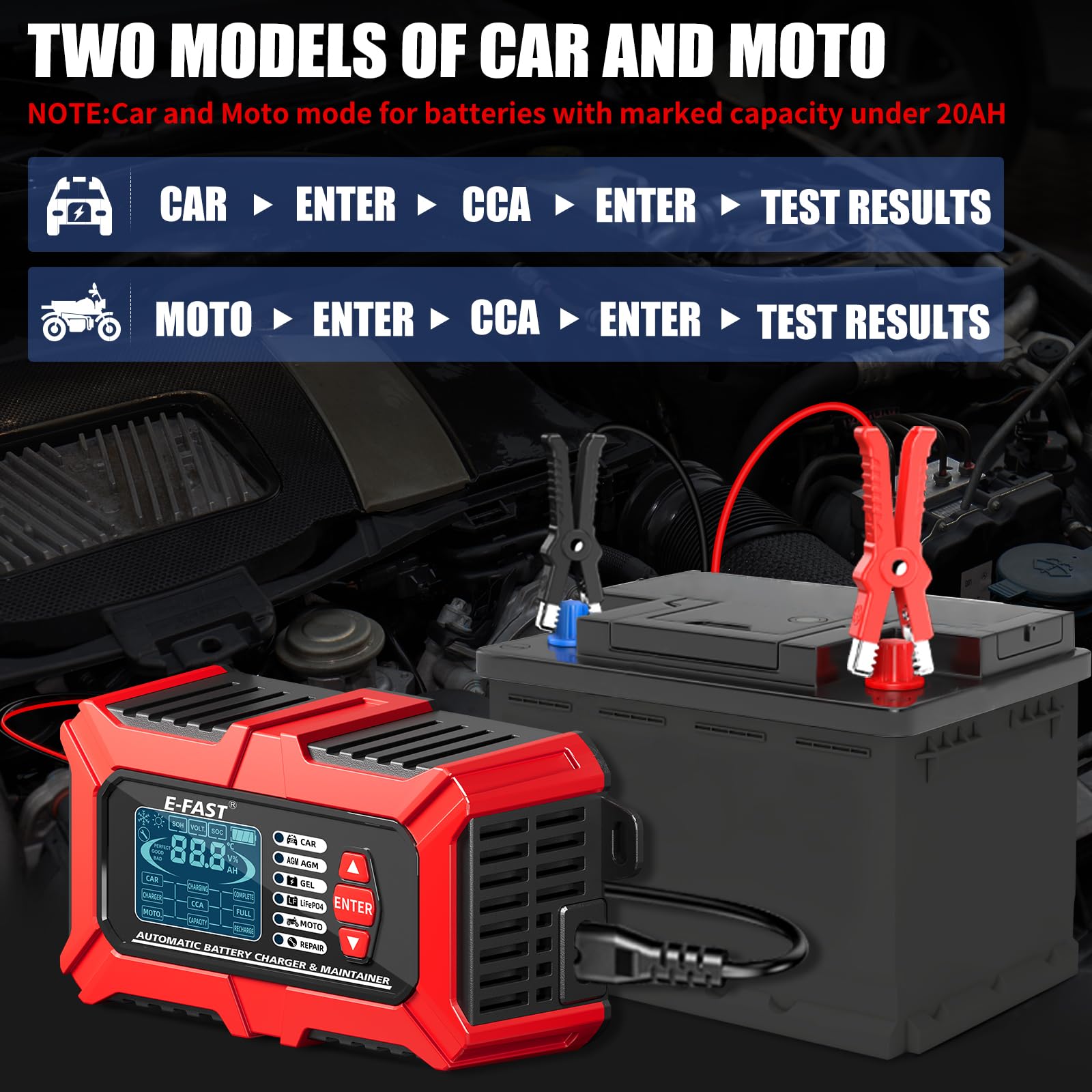 E-FAST 3-in-1 12V 6A Car Battery Charger, Battery Tester & Maintainer with Pulse Repair - Digital Auto Battery Analyzer for LiFePO4/Lead Acid Batteries (40-999 CCA) - Perfect for Automotive, RV, Boat & Motorcycle Battery Maintenance