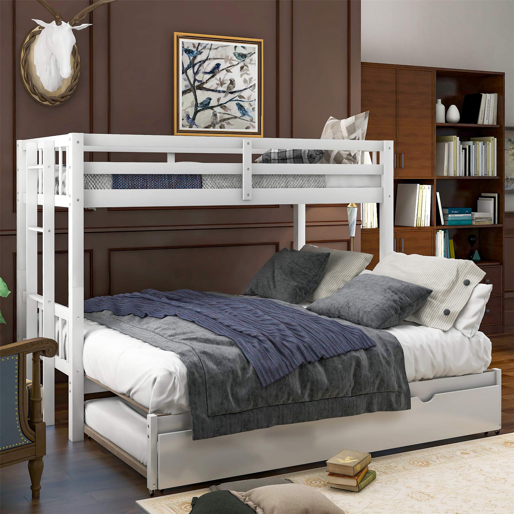 Twin Over Twin Bunk Bed with Trundle - Expandable Wooden Bunk Bed Frame for Kids with Ladder & Safety Rail - Convertible to Twin/Double Bed - Perfect for Small Bedrooms, Guest Rooms & Vacation Homes - White