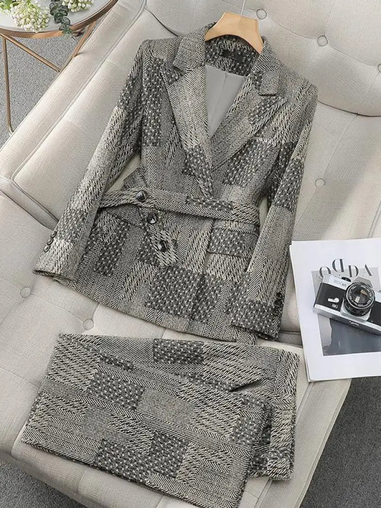 2024 Vintage Gray Patchwork Women's Elegant Button Long Sleeve Blazer & High Waist Pants Two-Piece Set - Autumn Winter Fashion Outfit for Office, Party & Casual Wear