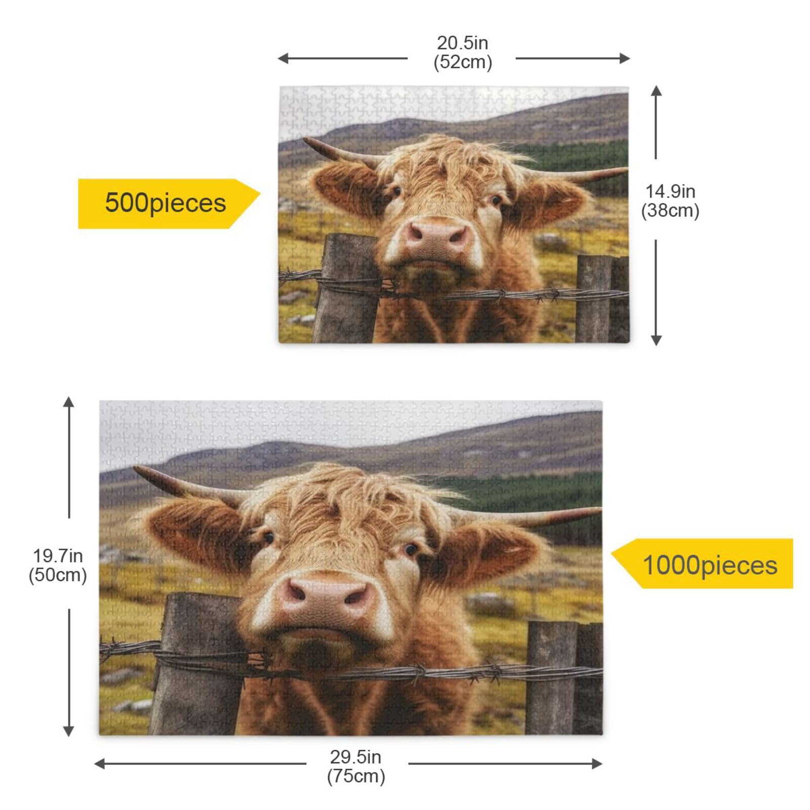 Funny Scottish Highland Cattle Cows 1000-Piece Wooden Jigsaw Puzzle for Adults & Kids - Family Game Night, Brain Teaser Challenge, Home Decor Gift