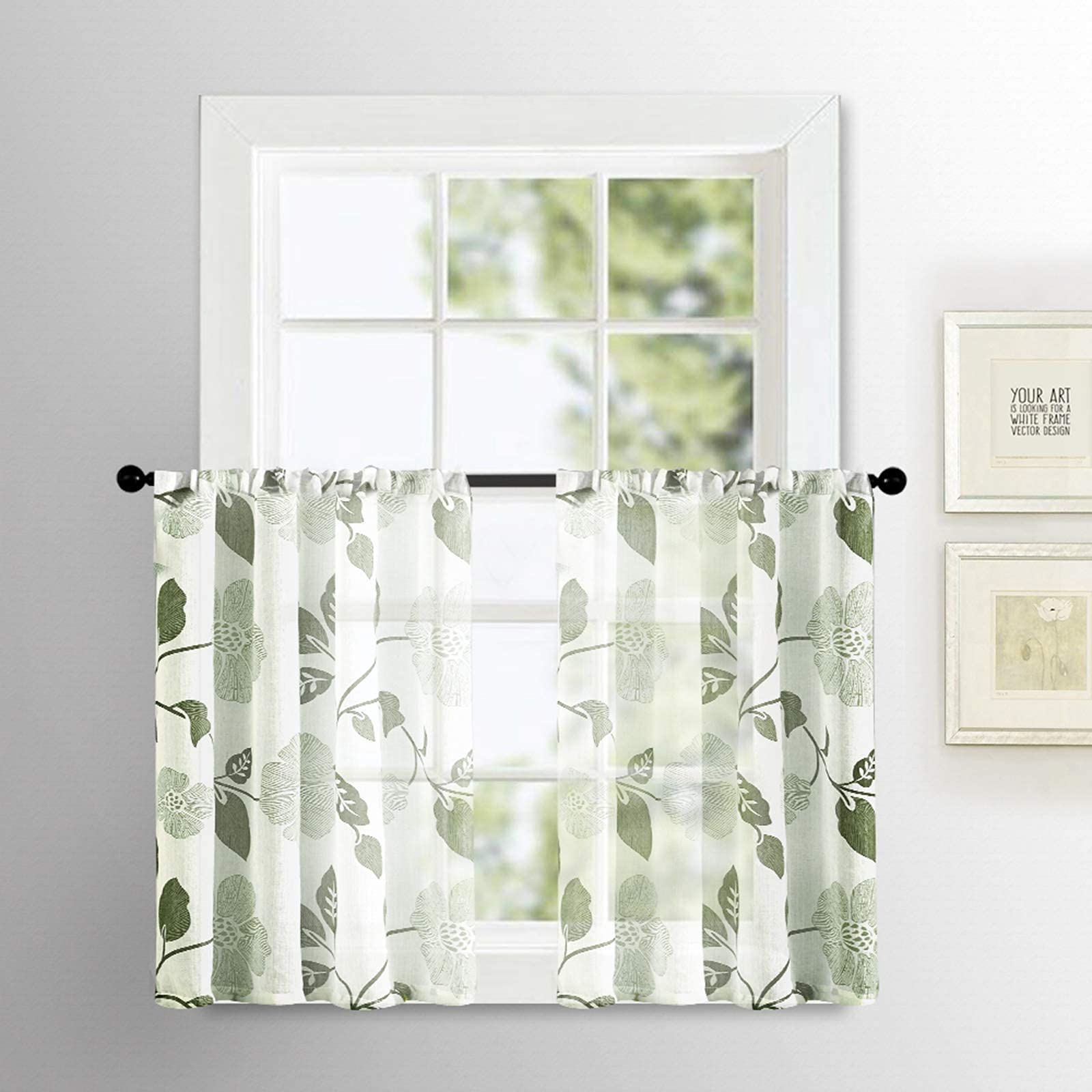 MRTREES Linen Textured Sheer Tier Curtains - 36 Inch Long Olive Flower Leaves Printed Kitchen & Bathroom Window Treatments, Light Filtering Cafe Curtains with Rod Pocket (Set of 2 Panels) - Perfect for Small Windows, French Doors, and Cozy Breakfast Nooks