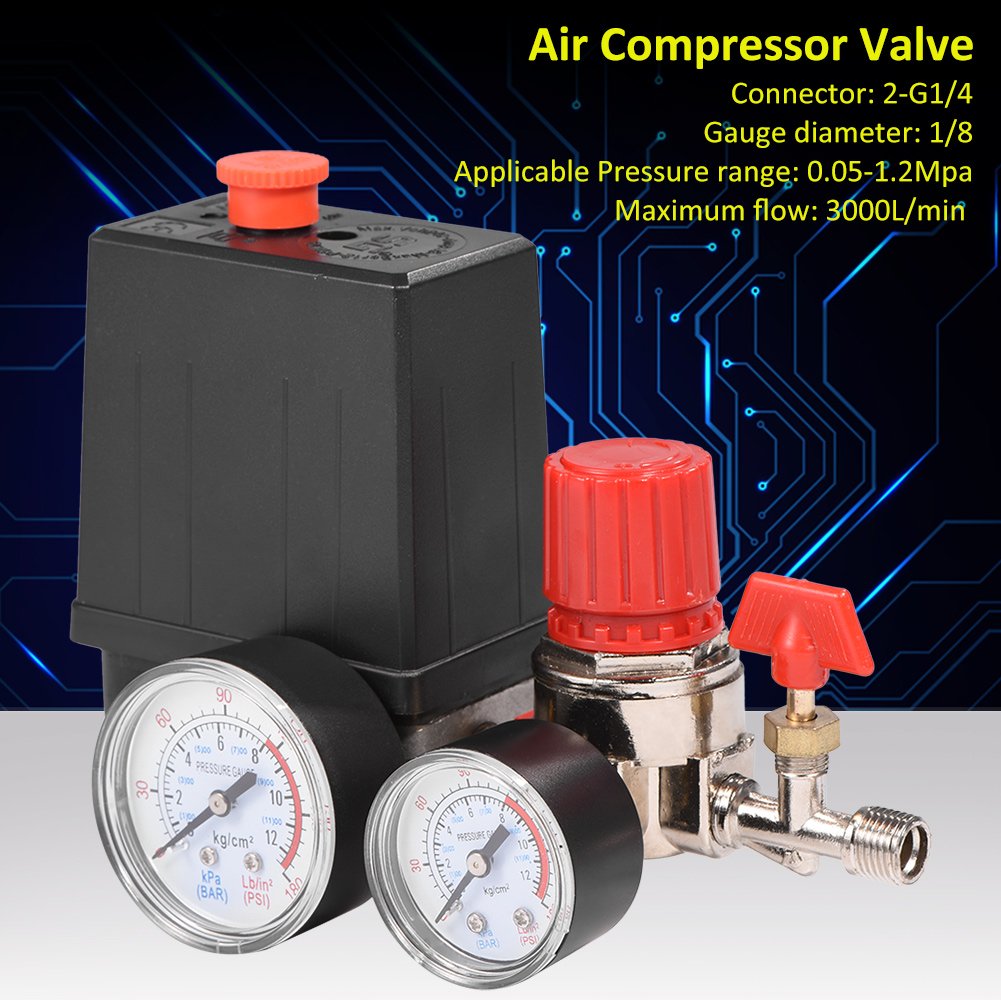 0.05-1.2MPa Small Air Compressor Pressure Switch Control Valve Regulator with Gauge | Automatic Pressure Control for Air Tools, Inflators & HVAC Systems | Workshop, Garage & Industrial Use