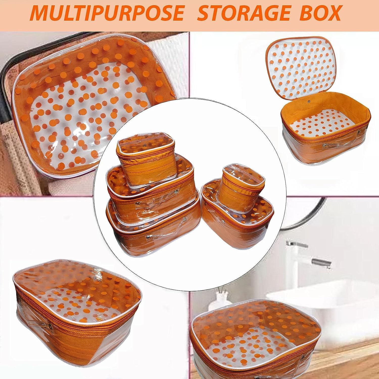 AYUSHMAN ENTERPRISE Women's Vanity Storage Box Set of 5 - Makeup Organizer, Bindi & Shaving Kit Holder | Orange PVC | Perfect for Bathroom, Bedroom & Travel Organization