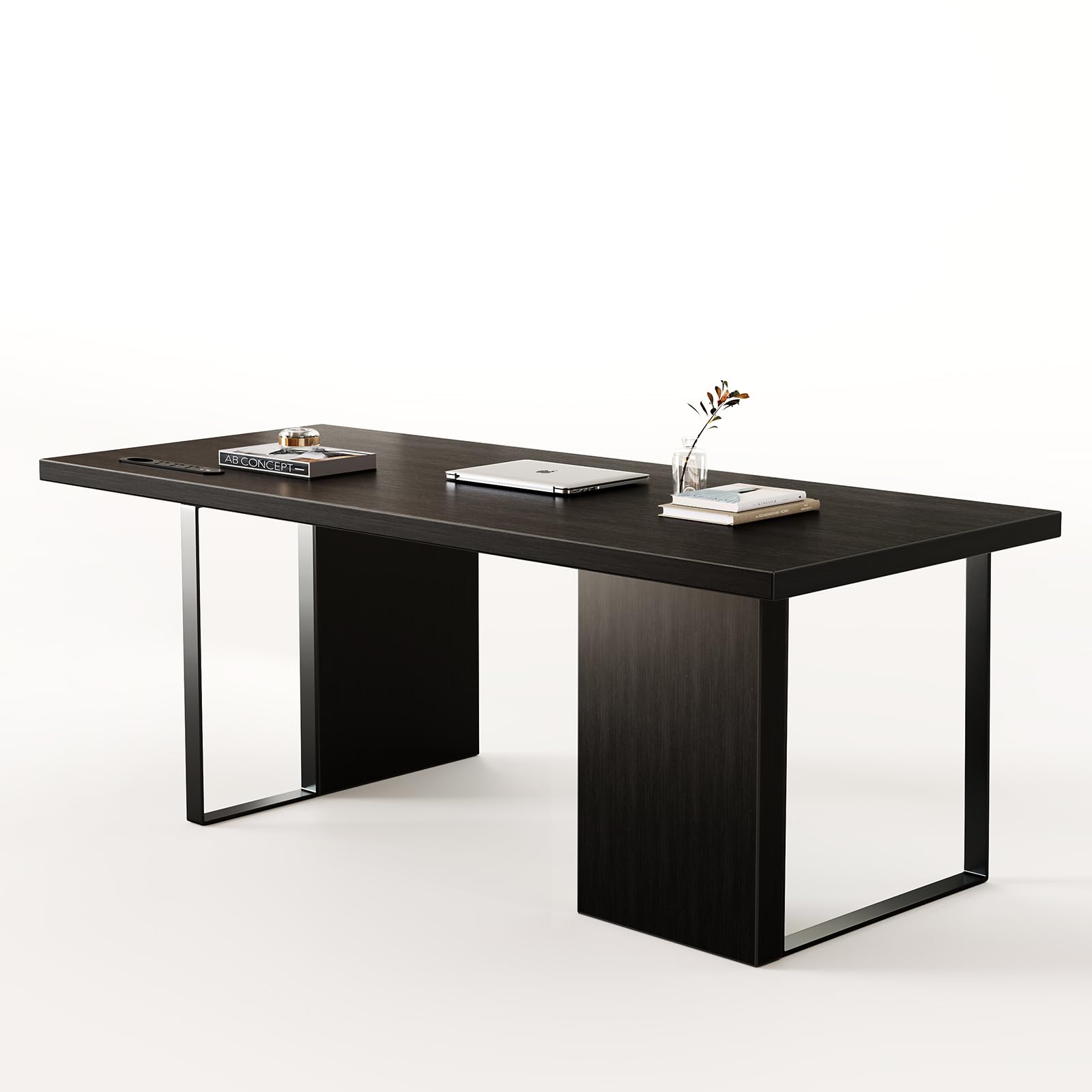 60-Inch Large Executive Desk - Modern Minimalist Wooden Computer Office Desk with Thickened Desktop & Built-in Power Outlet - Home & Business Workstation (Black) - Perfect for Remote Work, Gaming Setup & Office Productivity