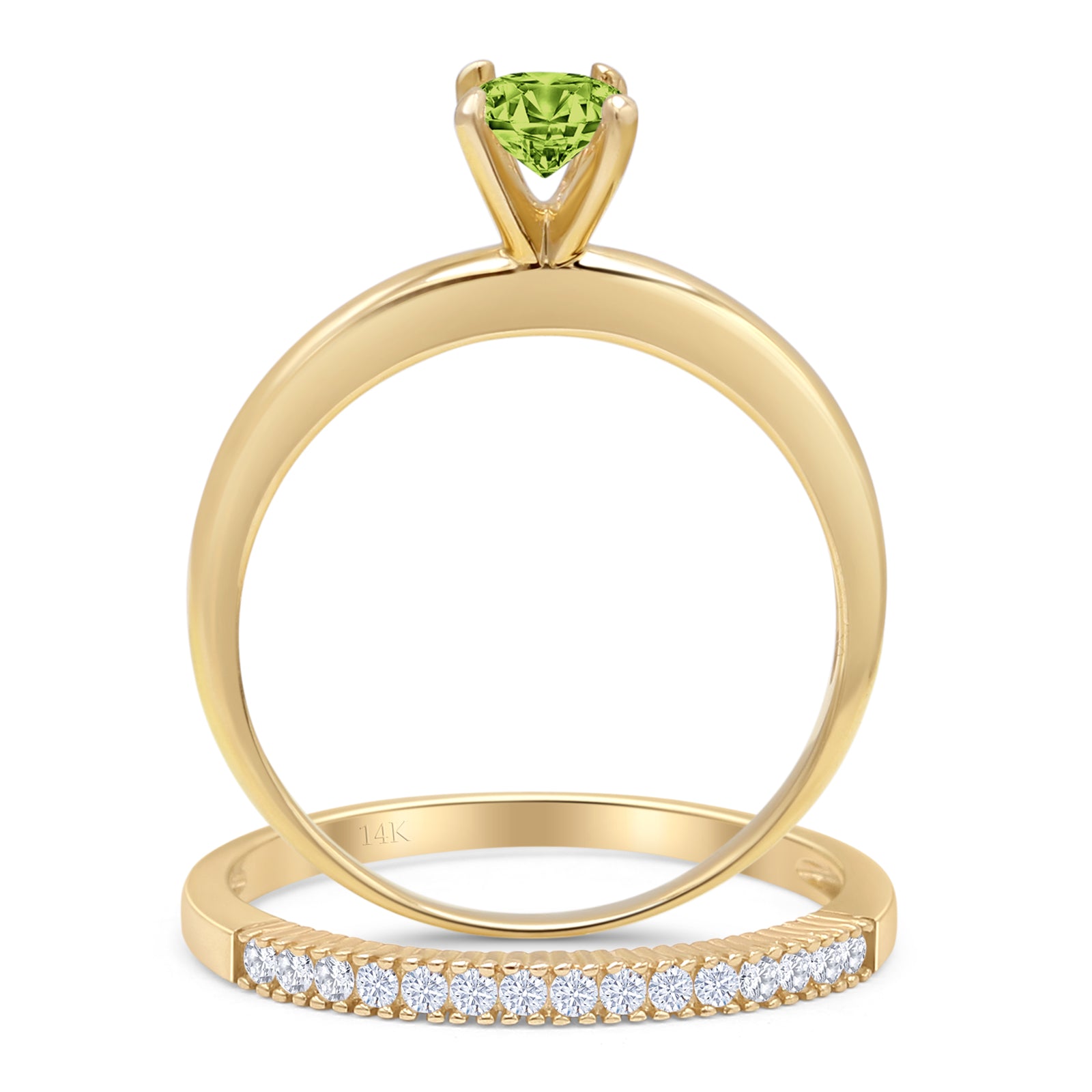 14K Yellow Gold Round Solitaire & Half Eternity Band Peridot CZ Bridal Ring Set - Perfect for Engagement, Wedding, Anniversary & Special Occasions