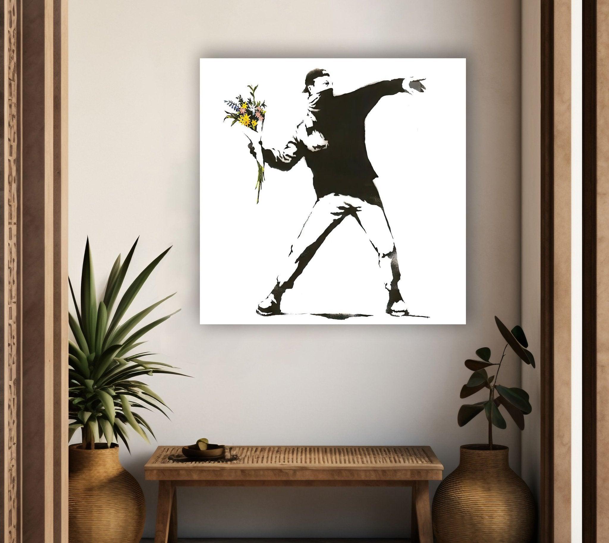 Banksy Flower Thrower Glass Wall Art - Stunning Framed Home Decor for Living Room, Bedroom & Office - Unique Gift Idea for Art Lovers