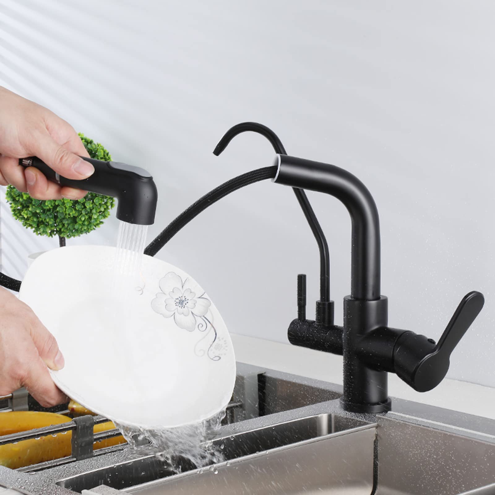 3-Way Pull-Out Spray Kitchen Faucet with Water Filter - Black Brass Swivel Spout for Hot & Cold Water - Multi-Functional Sink Faucet for Modern Kitchens, Dishwashing & Food Prep