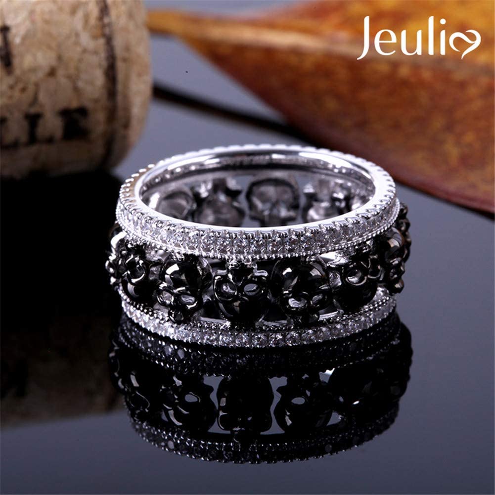 Jeulia Black Skull Rings for Women & Men - Sterling Silver Biker Band Style Two-Tone Plated Stackable Rings - White Diamond Wedding, Engagement & Anniversary Promise Rings - Perfect for Gothic Weddings, Biker Events & Alternative Fashion