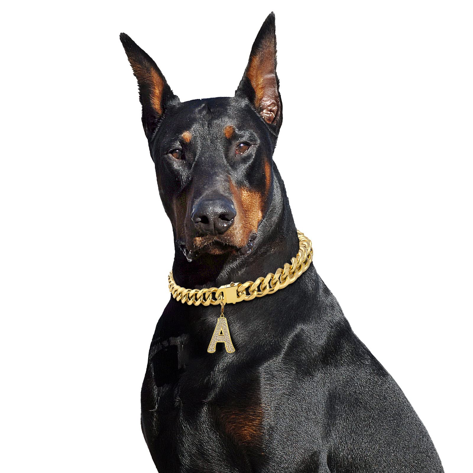 Personalized Gold Chain Dog Collar with Bling Zircons - Heavy Duty Chew Proof Cuban Link Metal Necklace for Medium & Large Dogs - Perfect for Pet Fashion, Special Occasions & Daily Walks (Letter M, 16IN)