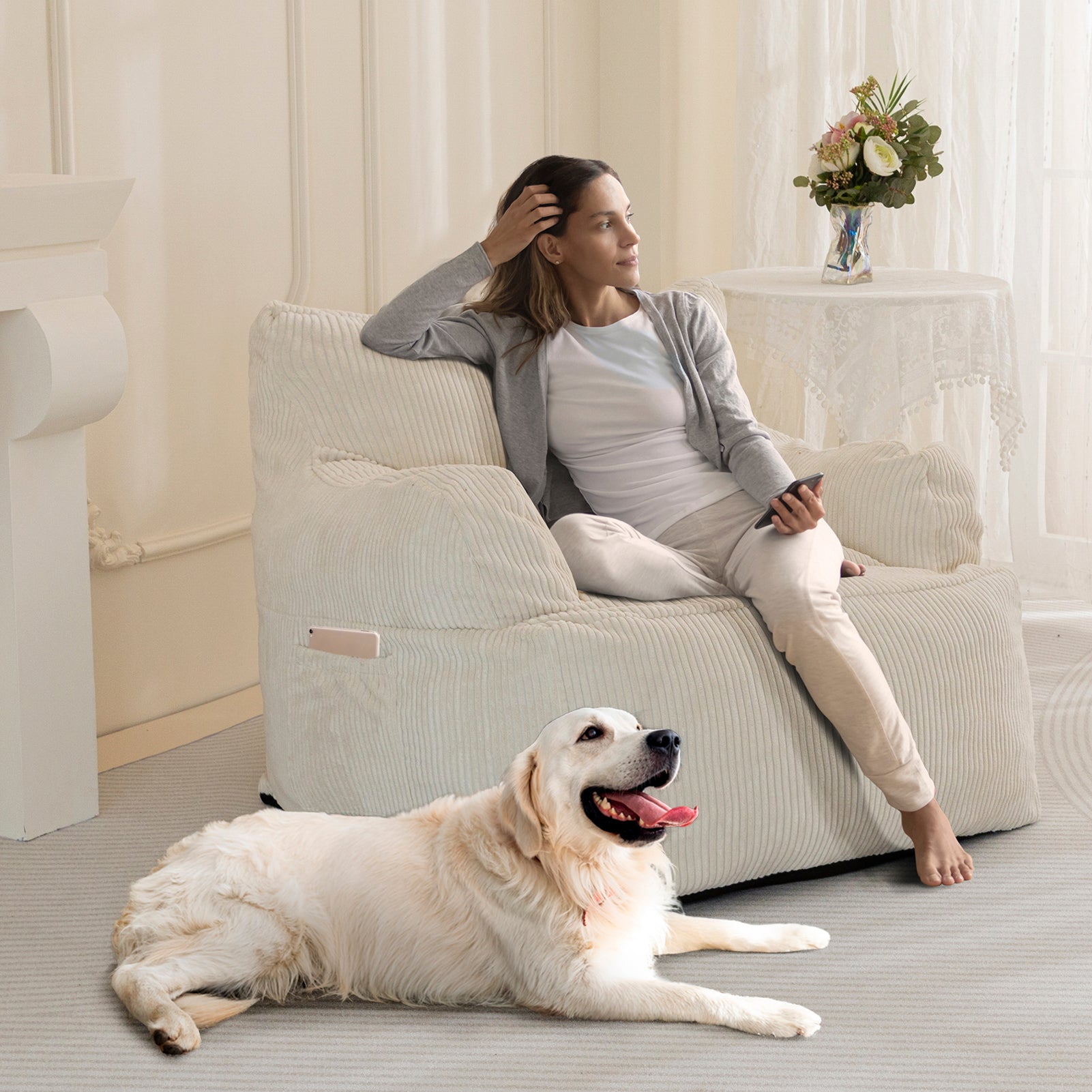 MAXYOYO Oversized Bean Bag Chair - Extra Large Stuffed Bean Bag Sofa for Living Room, Bedroom & Game Room - Soft & Comfortable Beige Lounger for Relaxing, Reading & Gaming