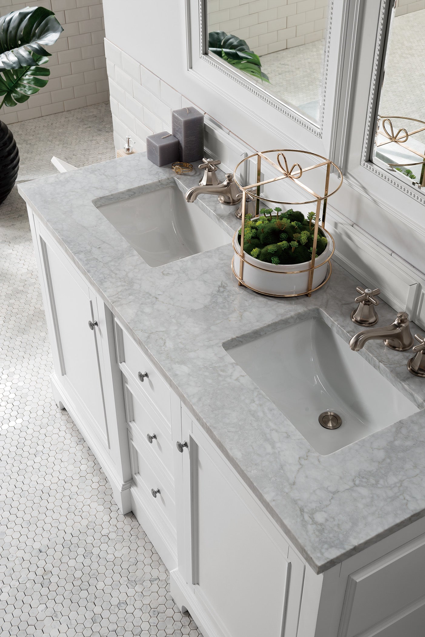 De Soto 60 Inch Double Vanity with Carrara Marble Top - Bright White Bathroom Vanity for Modern Homes | Perfect for Master Bathrooms & Guest Suites