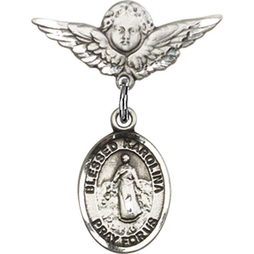Blessed Karolina Kozkowna Sterling Silver Baby Badge with Angel Wing Charm - 7/8 x 3/4 Inch Religious Jewelry Pin for Baptism, Christening & First Communion Gifts