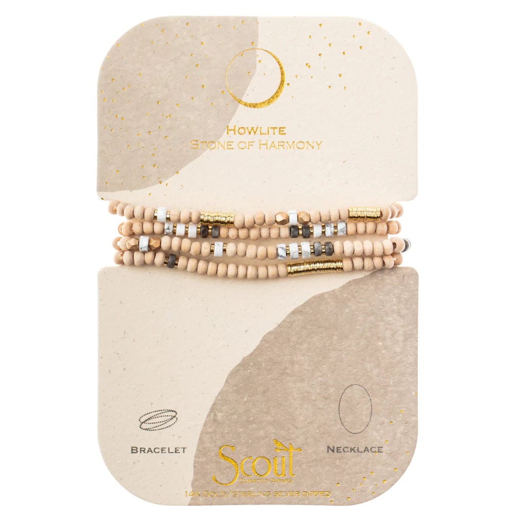 Howlite & Gold Wood Wrap Bracelet - Natural Stone Beaded Handmade Jewelry for Women, Boho Chic Style - Perfect for Yoga, Meditation, and Everyday Wear