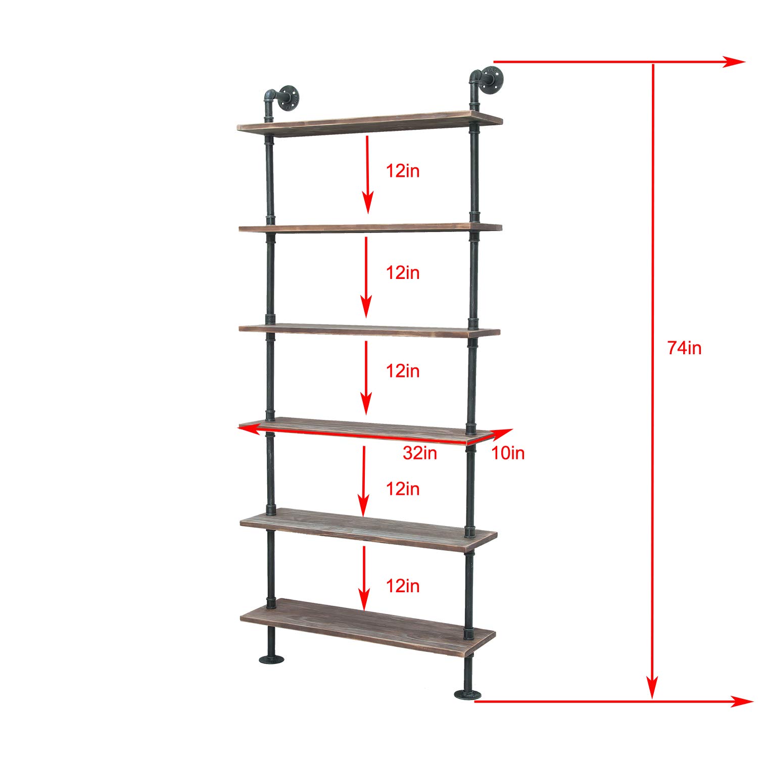 Industrial Pipe Shelves - Rustic Wood Ladder Bookshelf Wall Mounted Shelf for Living Room Decor & Storage (32in, 6 Layers) - Perfect for Home Office, Bedroom, and Kitchen Organization