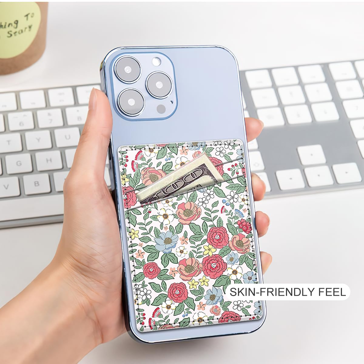 Leather Card Holder for Phone Case - Dual Pocket Stick-On Wallet for iPhone & Android - Small Flower Design - Perfect for Travel, Shopping & Everyday Use