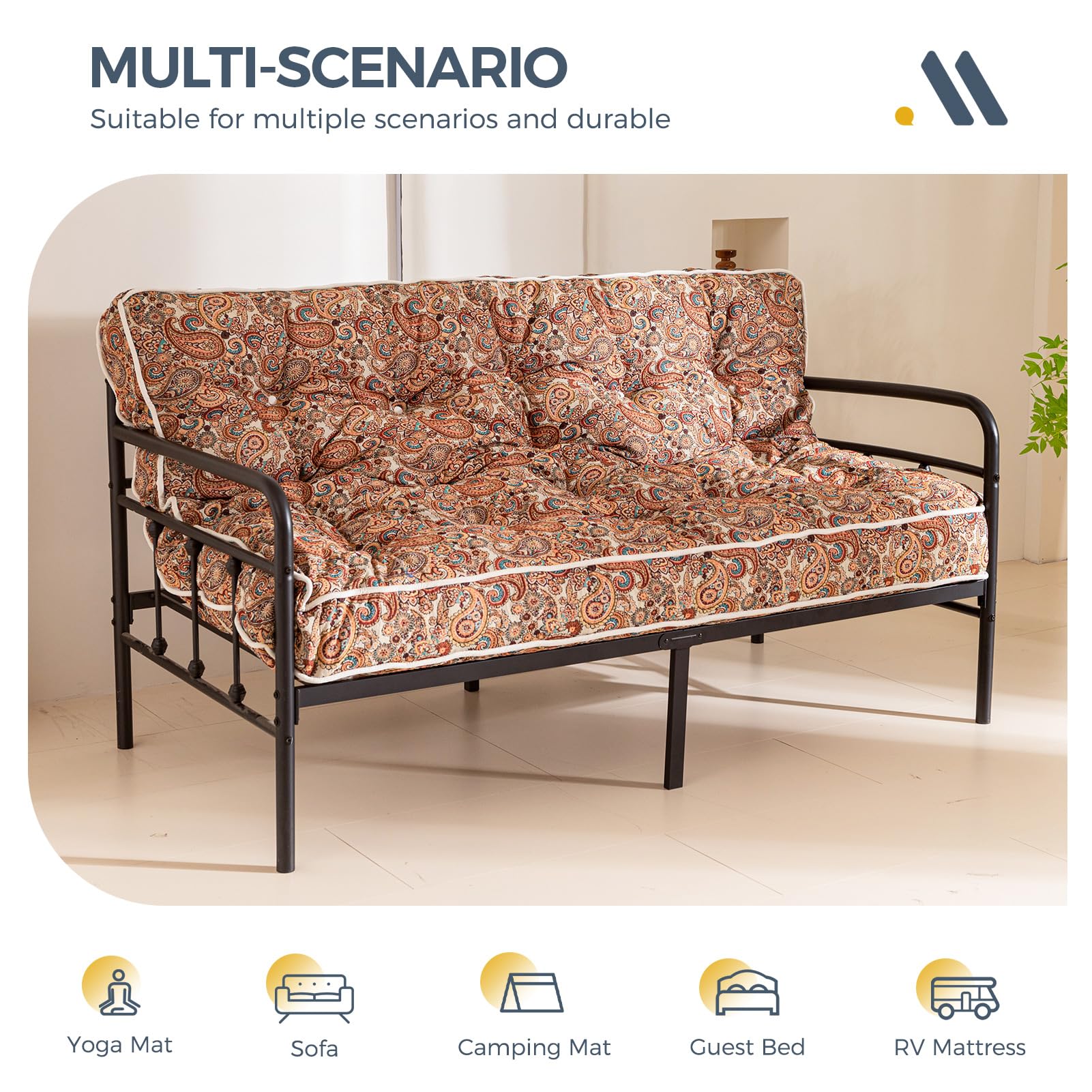 MAXYOYO 6 Bohemian Futon Mattress Full Size - Thickened Sofa Bed with Yellow Cover for Living Room, Guest Room & Dorm | Convertible Couch to Bed for Small Spaces