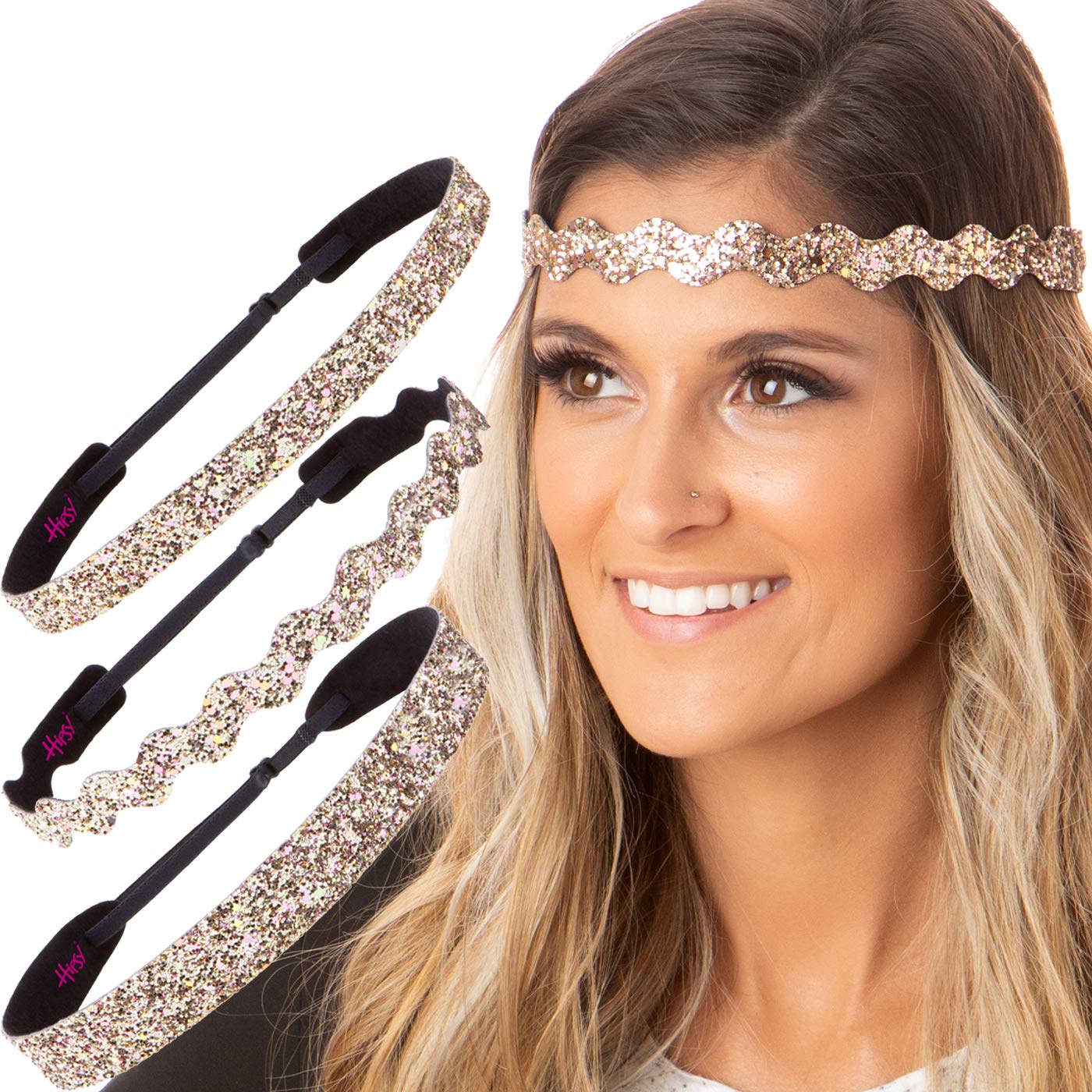 Stylish PLUS Size Adjustable No Slip Sparkly Bling Headbands for Women, Girls & Teens - 3 Pack Mixed Colors (Rose Gold Glitter) - Perfect for Workouts, Parties & Everyday Fashion