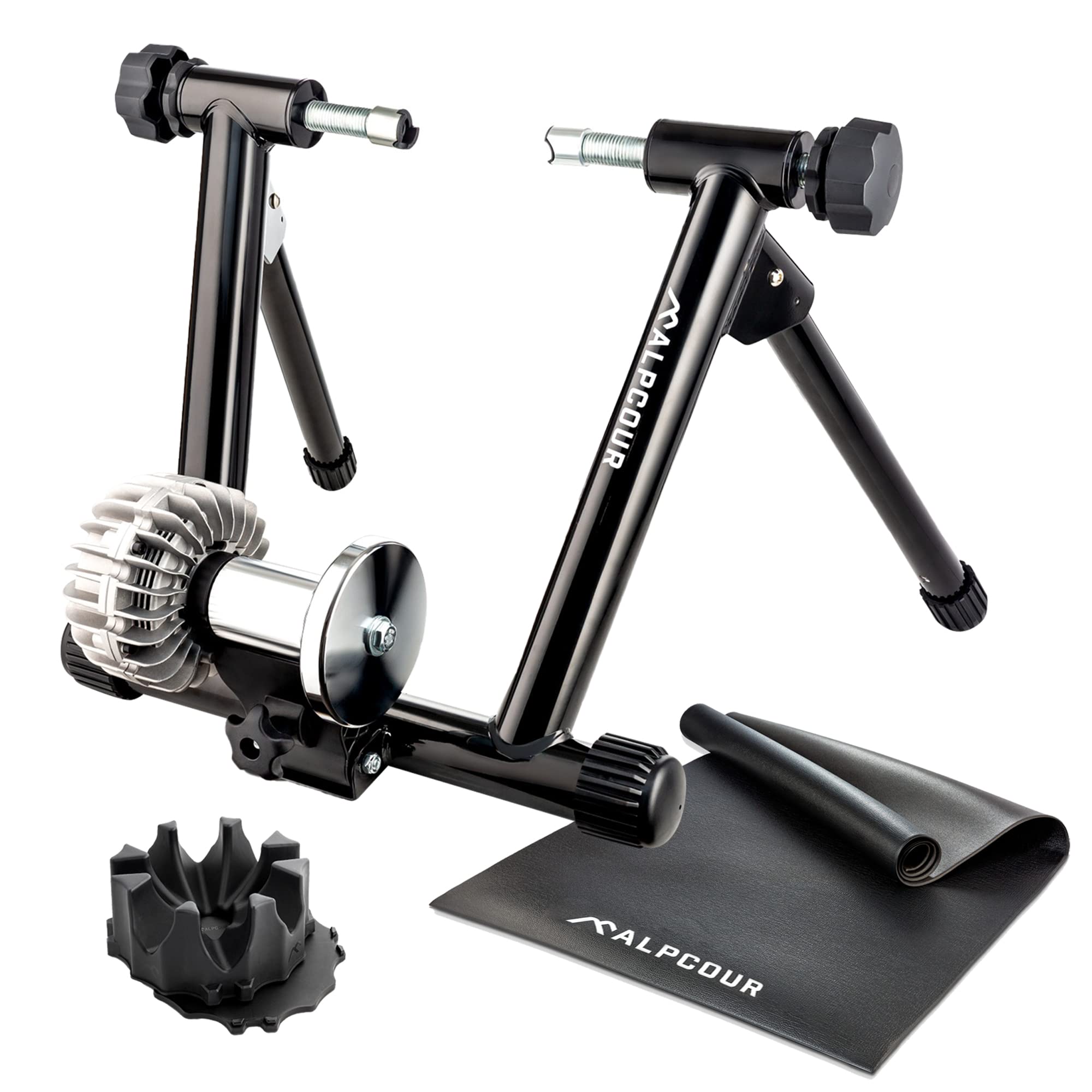 Alpcour Indoor Bike Trainer Stand with 36”x78” Exercise Mat & 4-Tier Front Wheel Riser Block - Anti-Skid Design for Home Cycling Workouts, Cardio Training & Winter Riding