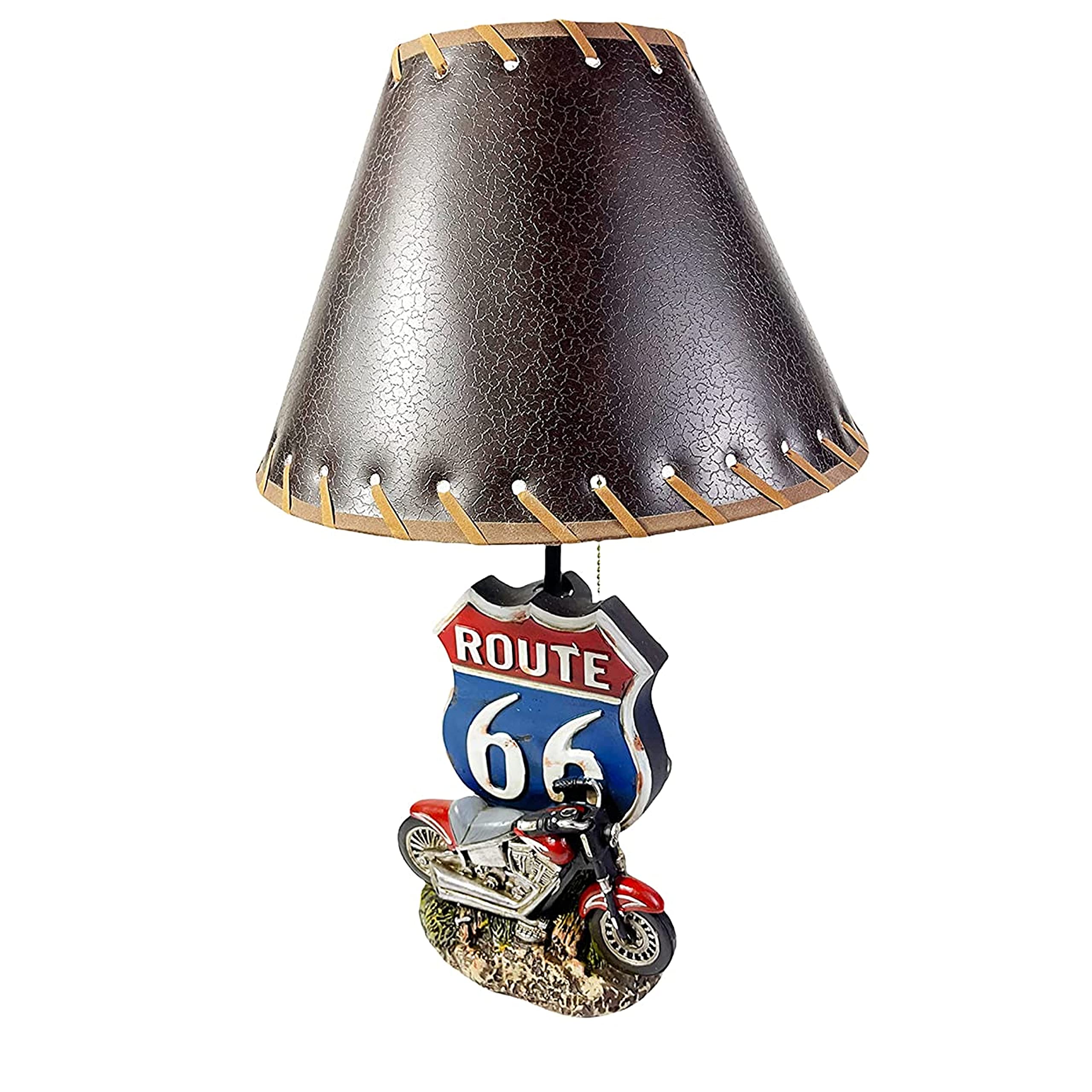 Urbalabs Western Route 66 Motorcycle Themed End Table with Built-in Lamp - Vintage Nightstand for Living Room, Bedroom & Office Decor - Perfect for Biker Enthusiasts & Retro Home Styling
