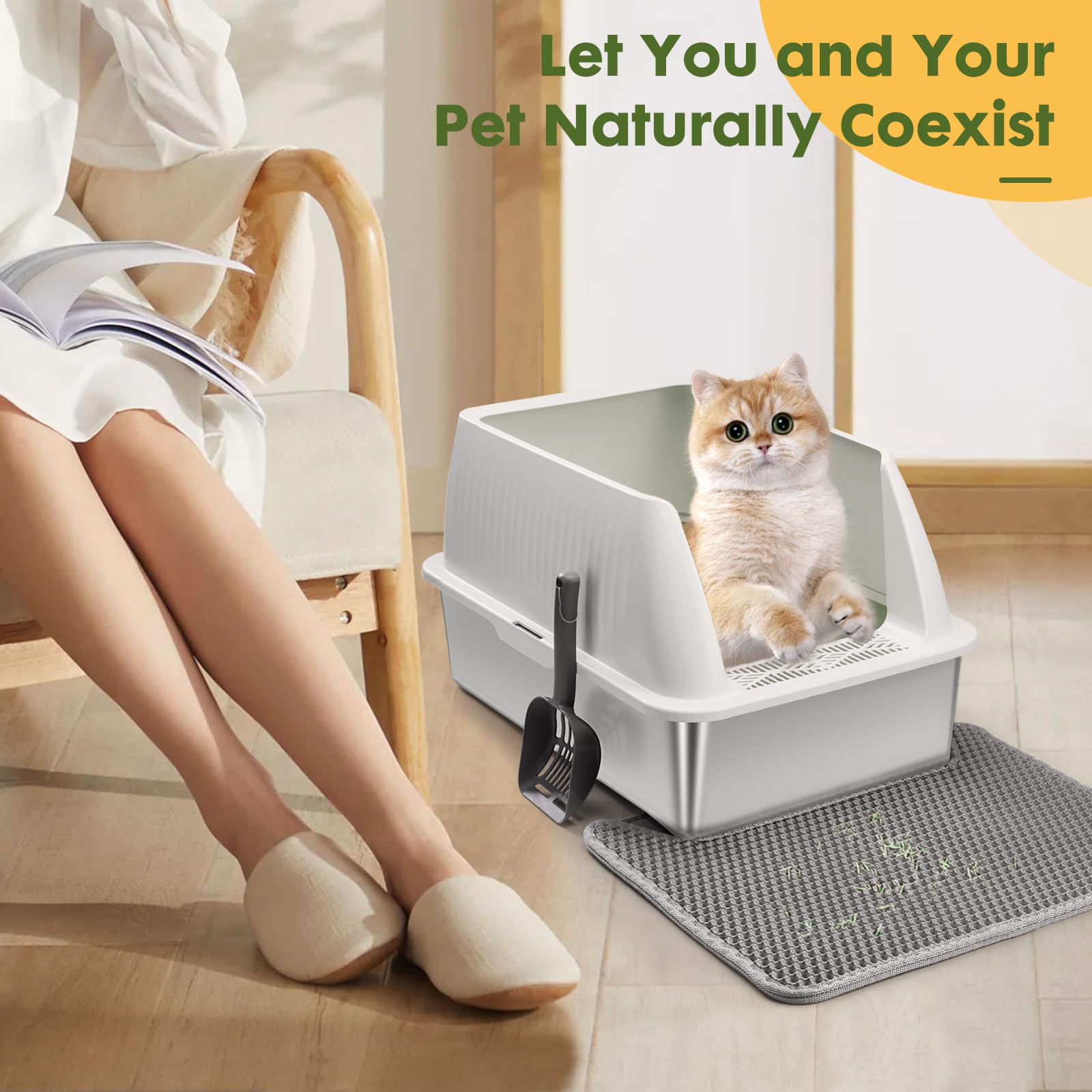 XXL Enclosed Stainless Steel Cat Litter Box for Large Cats - High Sides, Easy Clean, Non-Stick & Leak Proof Design with Odor Control - Includes Litter Scoop & Mat (Light Grey) - Perfect for Homes with Multiple Cats or Small Spaces