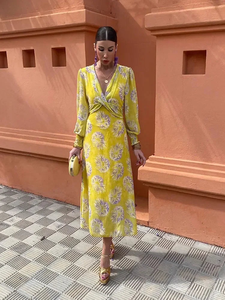 Elegant Floral Print Maxi Dress for Women - V-Neck Long Sleeve Pleated Slim Fit Summer Dress with High Waist | Perfect for Spring Weddings, Beach Vacations & Evening Parties