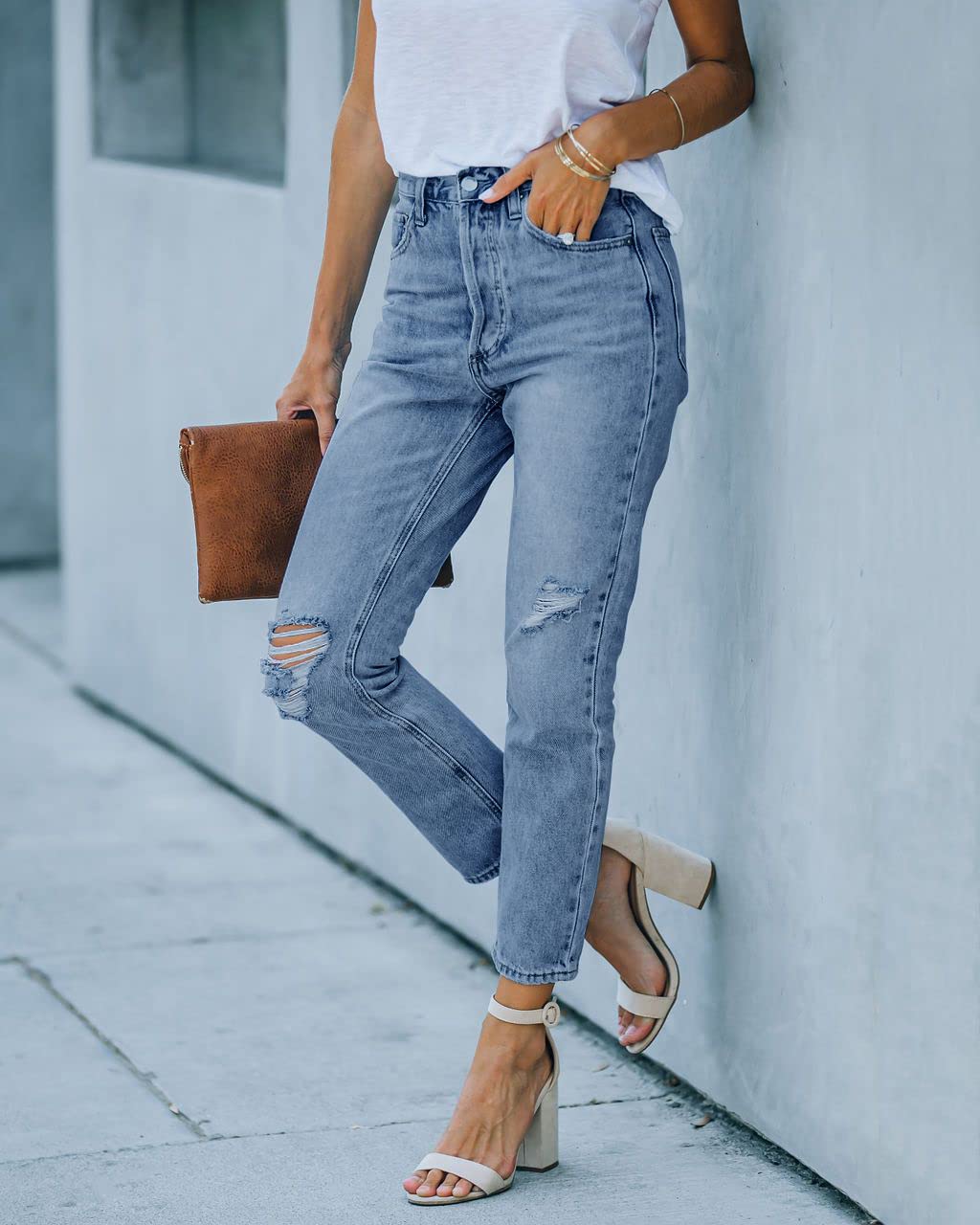 Women's High Waisted Ripped Jeans - Distressed Stretch Denim Pants with Straight Leg Fit | Perfect for Casual Outfits, Date Nights & Street Style Fashion