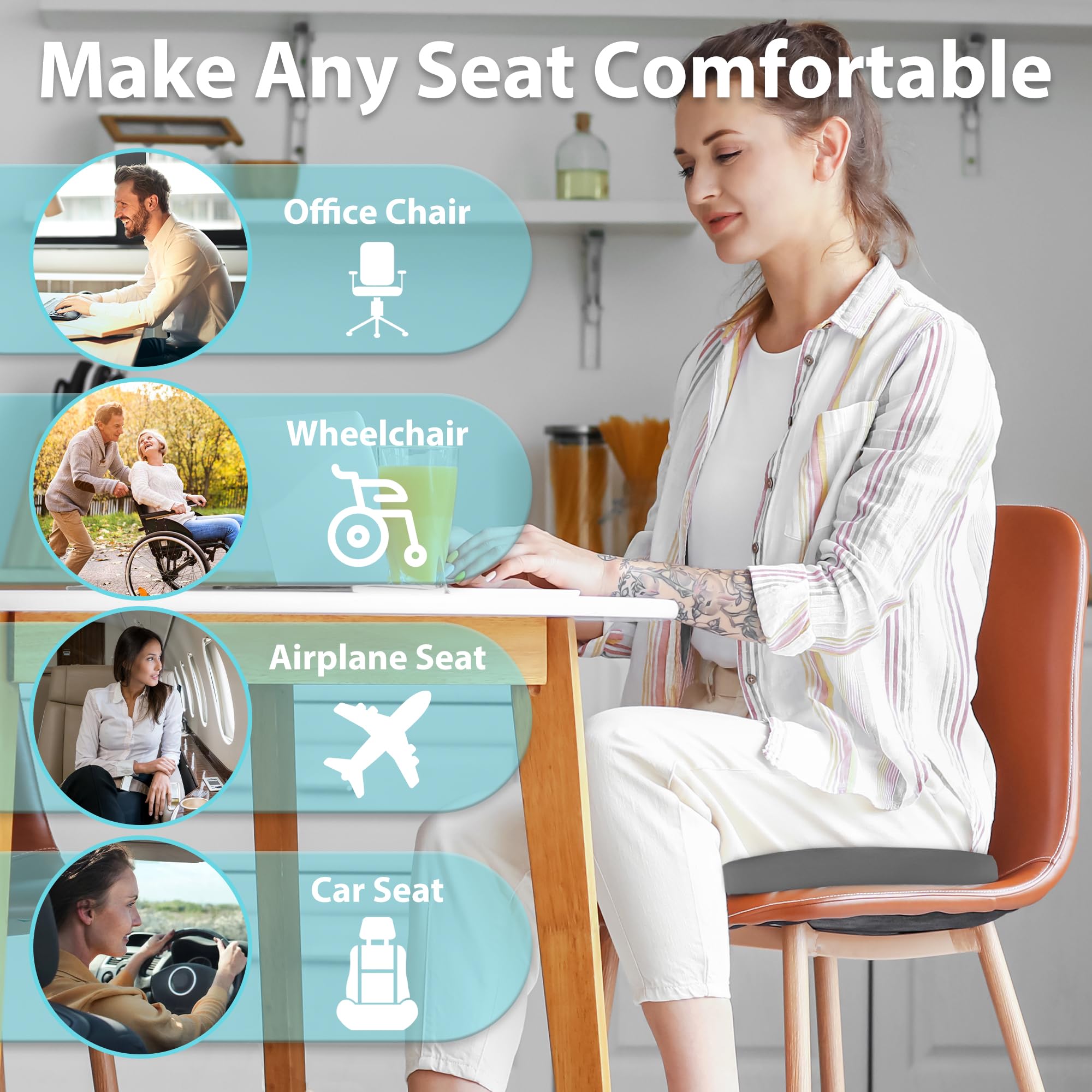 Elantrip Ergonomic Memory Foam Seat Cushion with Coccyx Support - Non-Slip Washable Cover for Office Chair, Car Seat & Home Use - Relieves Sciatica & Tailbone Pain - Perfect for Work, Driving & Long Sitting Sessions (Gray)