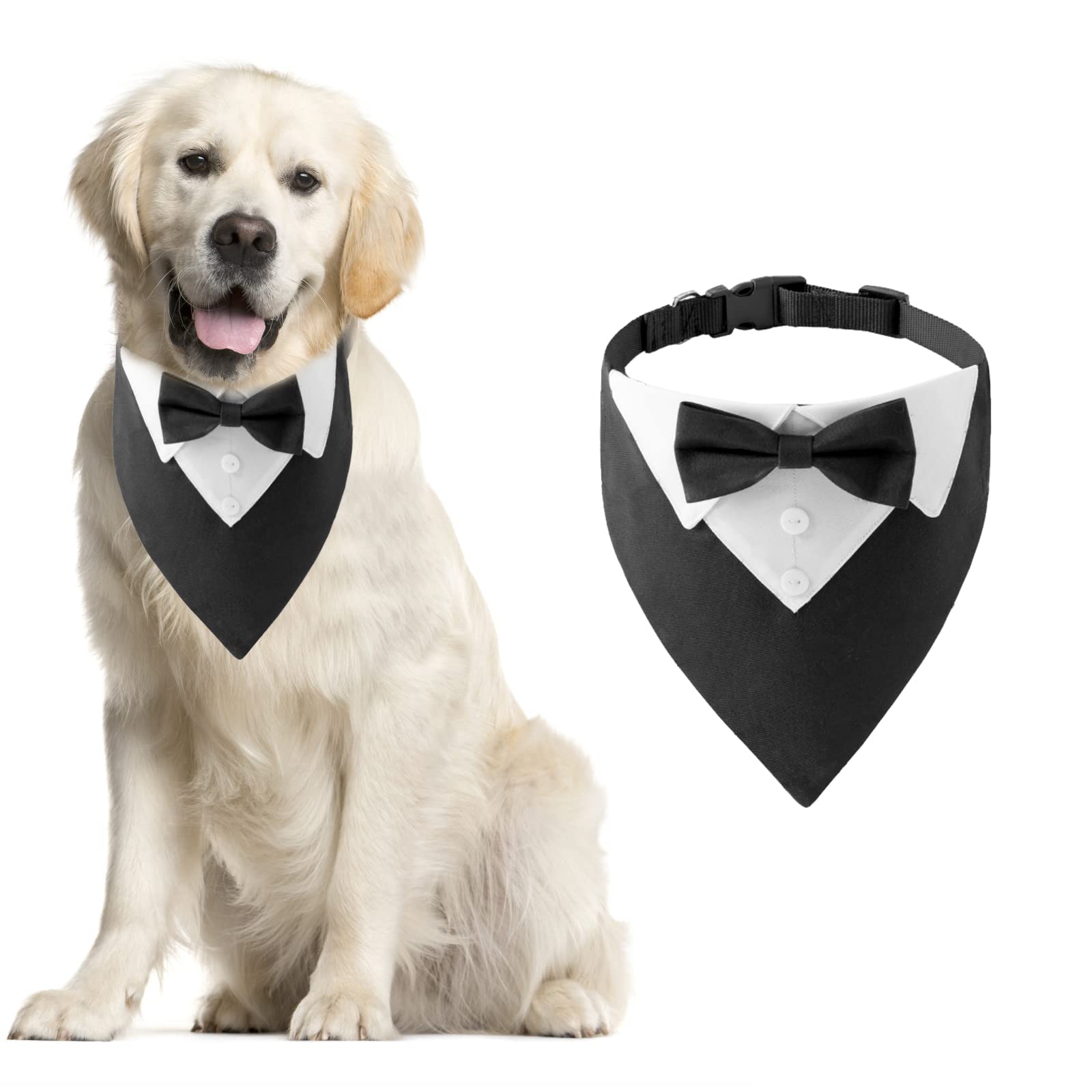 Premium Black Dog Tuxedo Bandana with Adjustable Bow Tie - Formal Cotton Pet Neckwear for Weddings & Special Occasions - Perfect for Large & Oversized Dogs (1PC) - Great for Dog Weddings, Birthday Parties & Photo Shoots