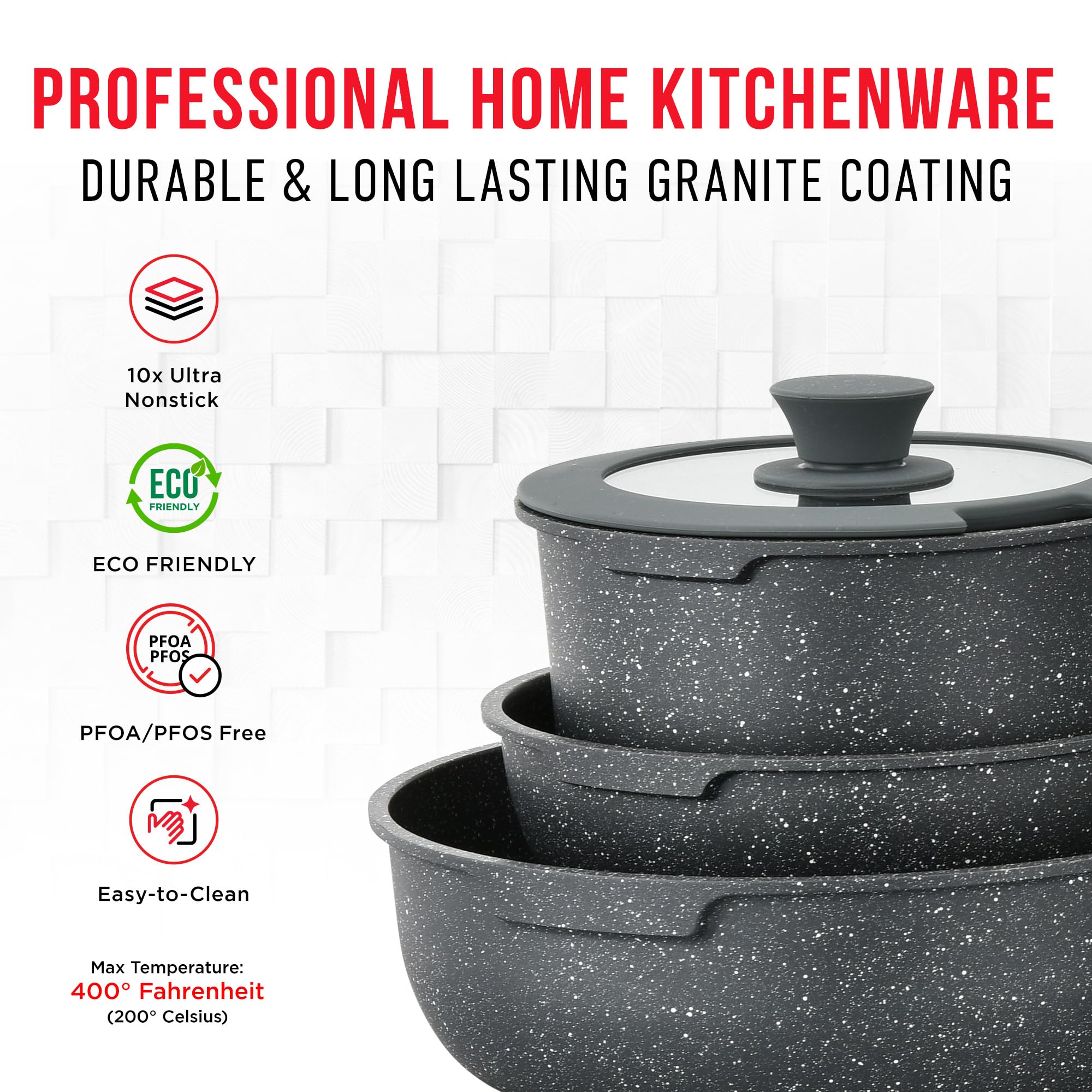 Premium 15-Piece Non-Stick Cookware Set with Removable Handles - Granite Coated Stackable Pots & Pans, Oven & Dishwasher Safe, Induction Compatible for Gas, Electric & Ceramic Stoves - Perfect for Family Cooking, Meal Prep & Everyday Kitchen Use - Black Granite