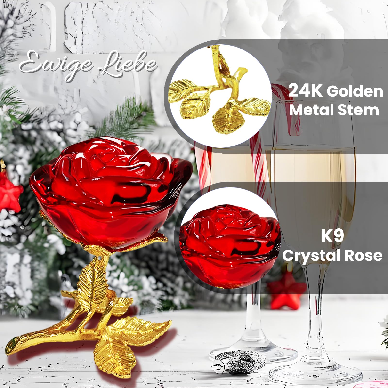 SWEETIME 24K Gold Plated Crystal Rose Gift - K9 Glass Quartz Eternal Flower for Anniversary, Valentine's Day, Birthday - Romantic Present for Wife, Girlfriend, Mother - Perfect for Home Decor, Wedding Centerpiece & Special Occasions