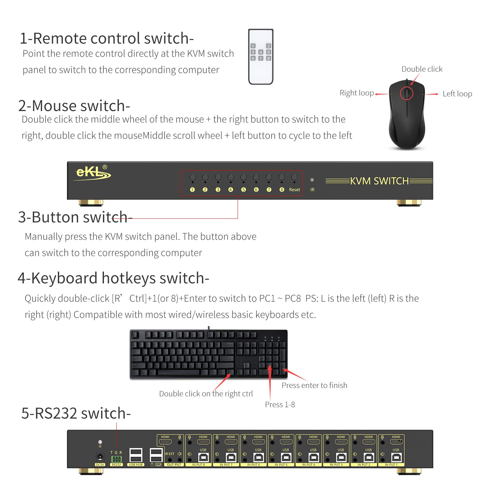 Huasion 8 Port HDMI KVM Switch v2.0 - 4K@60Hz 4:4:4 1080p 3D Support, Hotkey Switching | 8-in-1 Out for Sharing Keyboard & Mouse Among 8 PCs | Perfect for Home Office, Gaming Setup & Multi-Computer Workstations