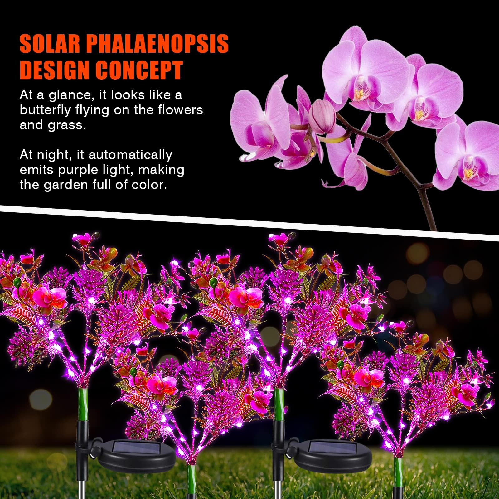 Neporal 4PK Purple Phalaenopsis Solar Garden Lights - Waterproof Outdoor Solar Flowers for Garden, Yard, Pathway Decor - Perfect for Patio, Lawn, Landscape Lighting at Night