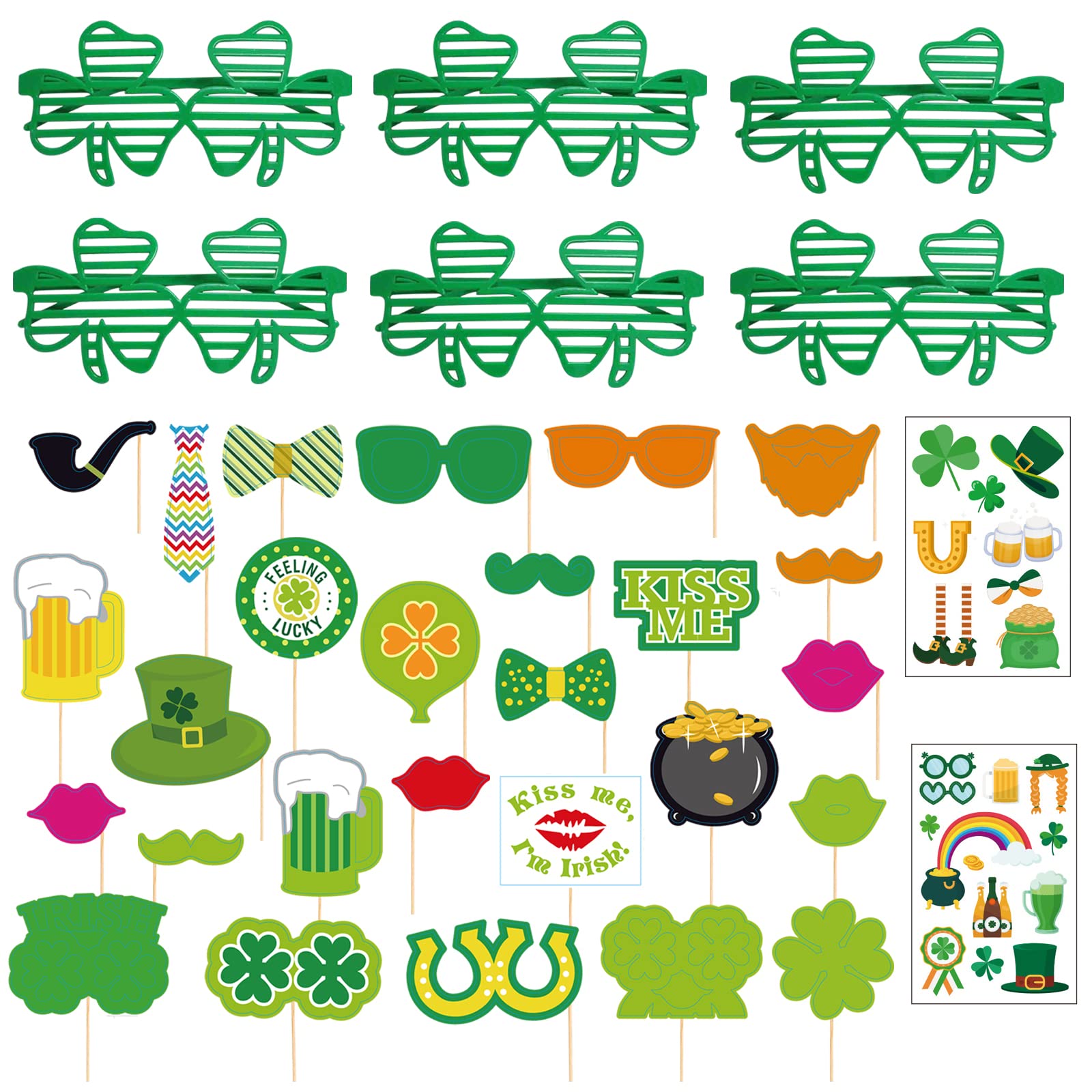 Voiiake St. Patrick's Day Party Favor Set - 35Pcs Green Shamrock Glasses, Photobooth Props, Irish Tattoos & Stickers - Perfect for St. Patty's Day Decorations, Irish Themed Parties & Bar Celebrations