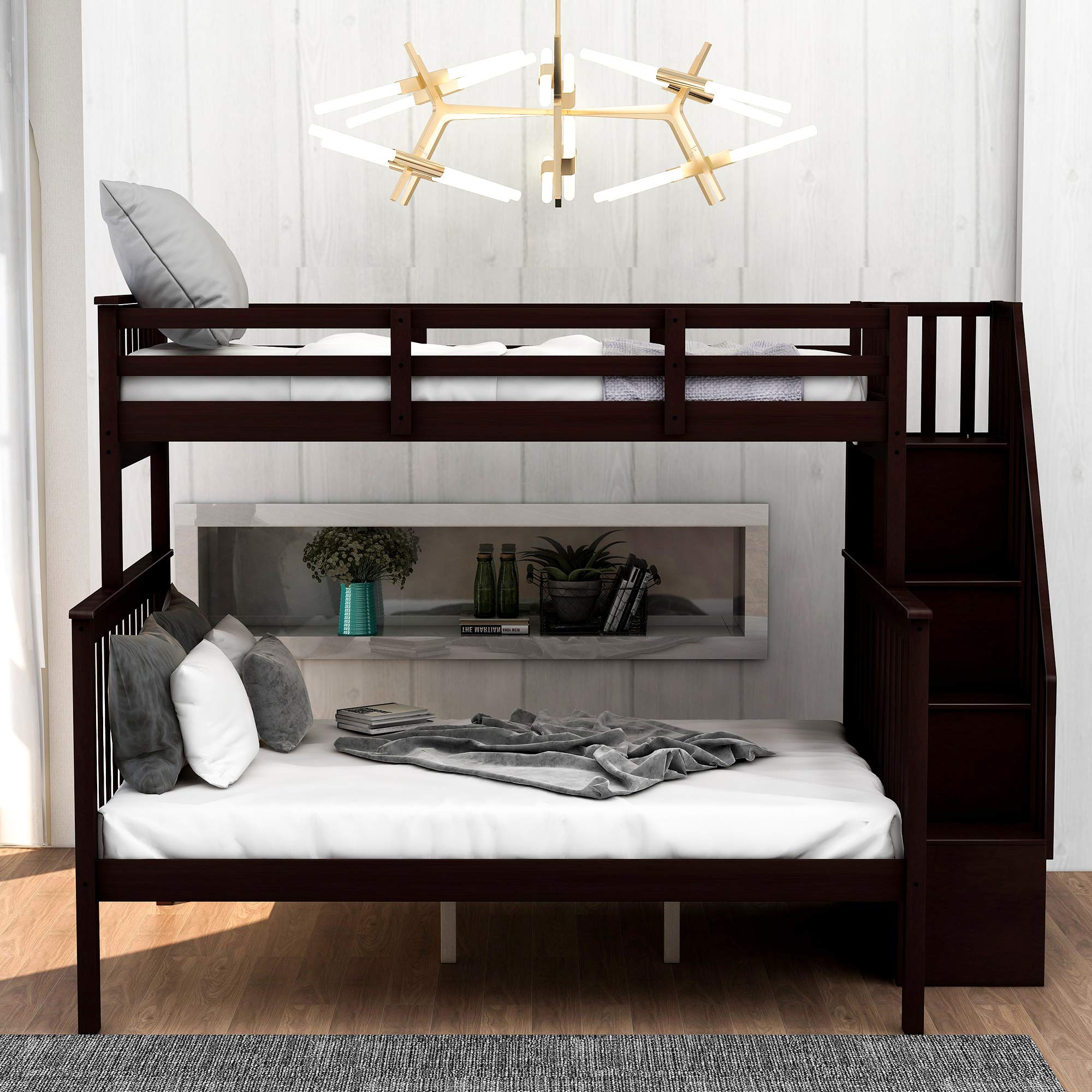 Twin Over Full Bunk Bed with Stairway & Guard Rail - Solid Wood Bunk Bed Frame with Storage Shelves - Converts to Separate Twin & Full Beds (Espresso Finish) - Perfect for Kids Bedroom, College Dorm, Space-Saving Guest Room & Small Apartments