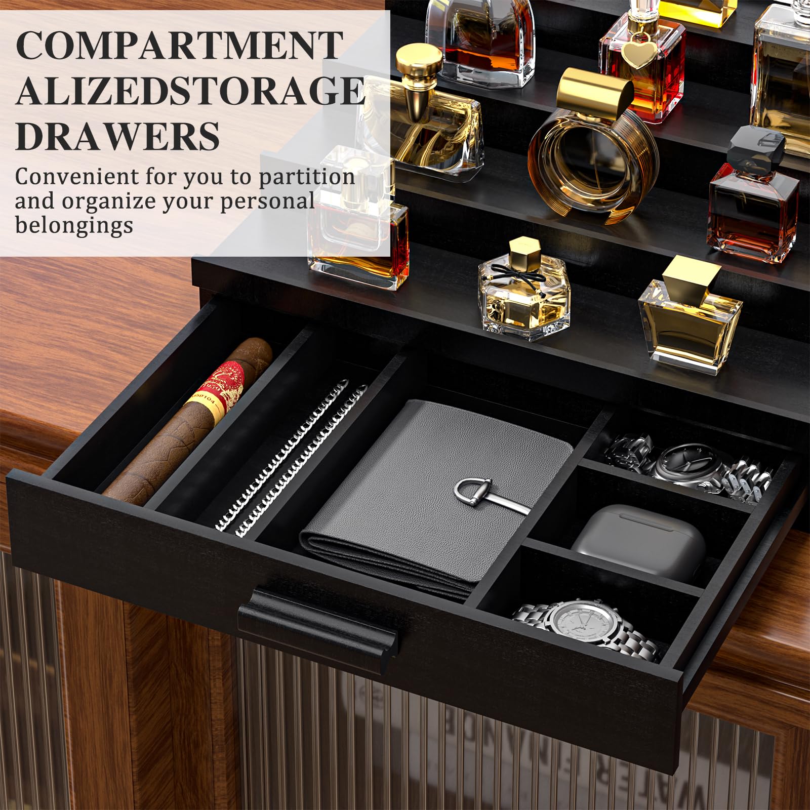 4-Tier Wooden Cologne Organizer for Men with Drawer Storage - Elevated Perfume Display Stand & Storage Riser - Perfect for Dresser, Bathroom, or Vanity - Great Gift Idea (Black)