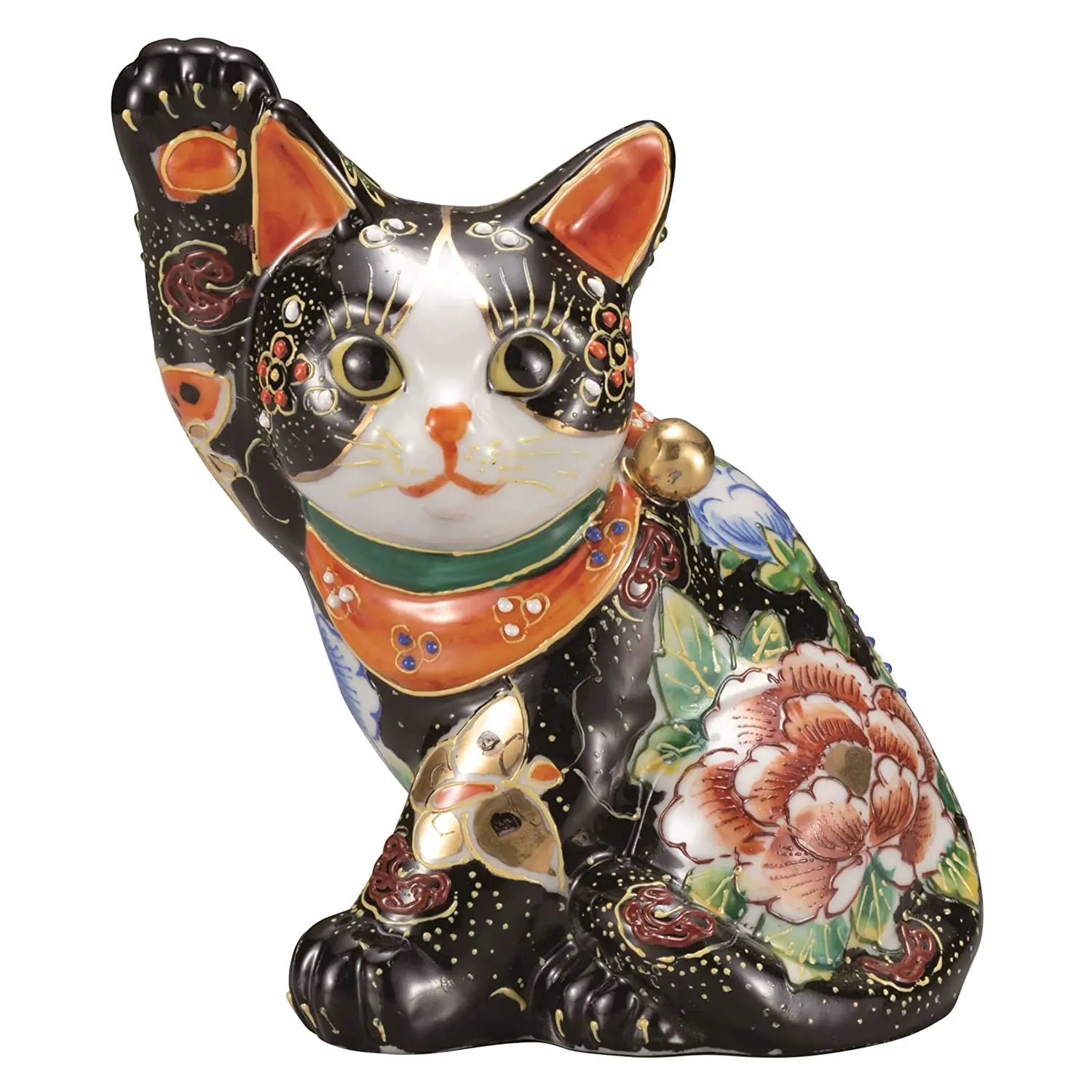 Authentic Japanese Kutani Ware Porcelain Maneki Neko Figurine - 5.5 Inch Lucky Cat with Butterfly & Floral Design | Perfect for Home Decor, Office Feng Shui & Japanese Culture Enthusiasts