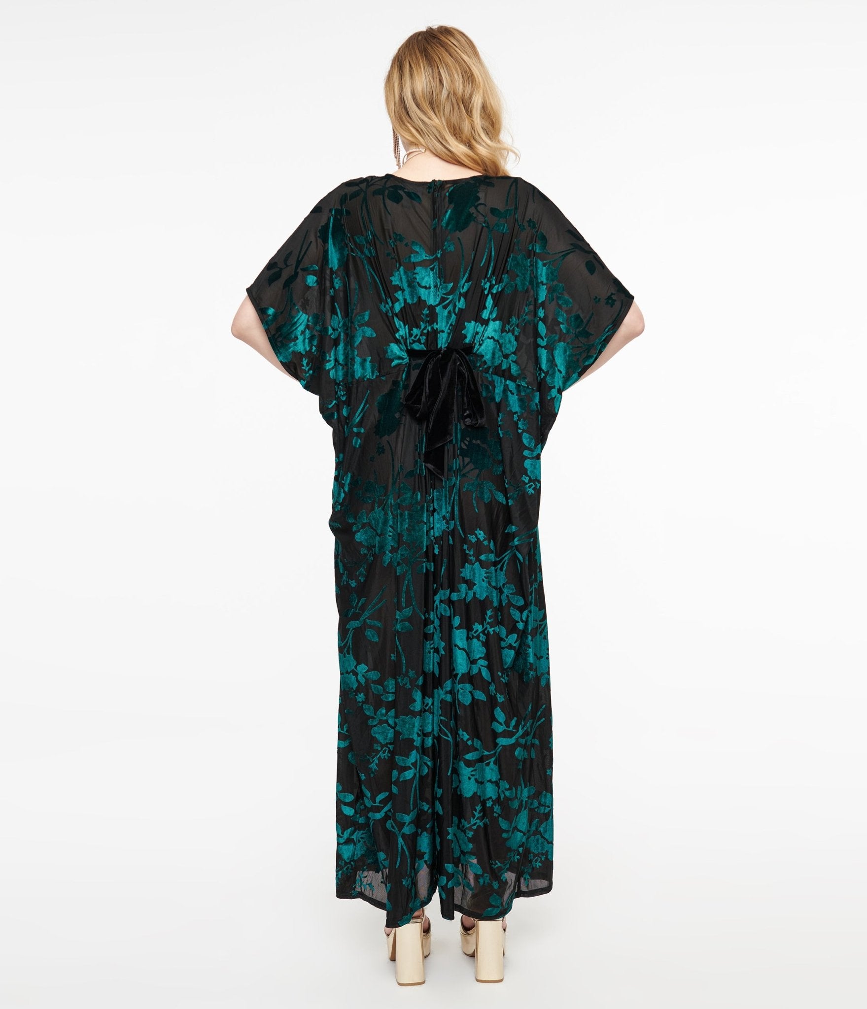Vintage 1970s Black & Teal Velvet Floral Burnout Caftan Jumpsuit - Retro Boho Chic Outfit for Women, Lounge Wear & Summer Festival Fashion