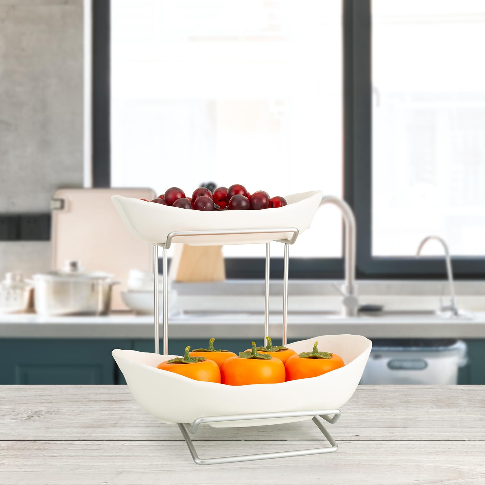 3-Tier Ceramic Fruit Bowl with Metal Stand - Elegant Kitchen Countertop Serving Bowl for Fruits, Vegetables, Snacks, Bread, Candy, Nuts, Cake & Desserts | Perfect for Dining Room, Party Display & Home Decor (White)