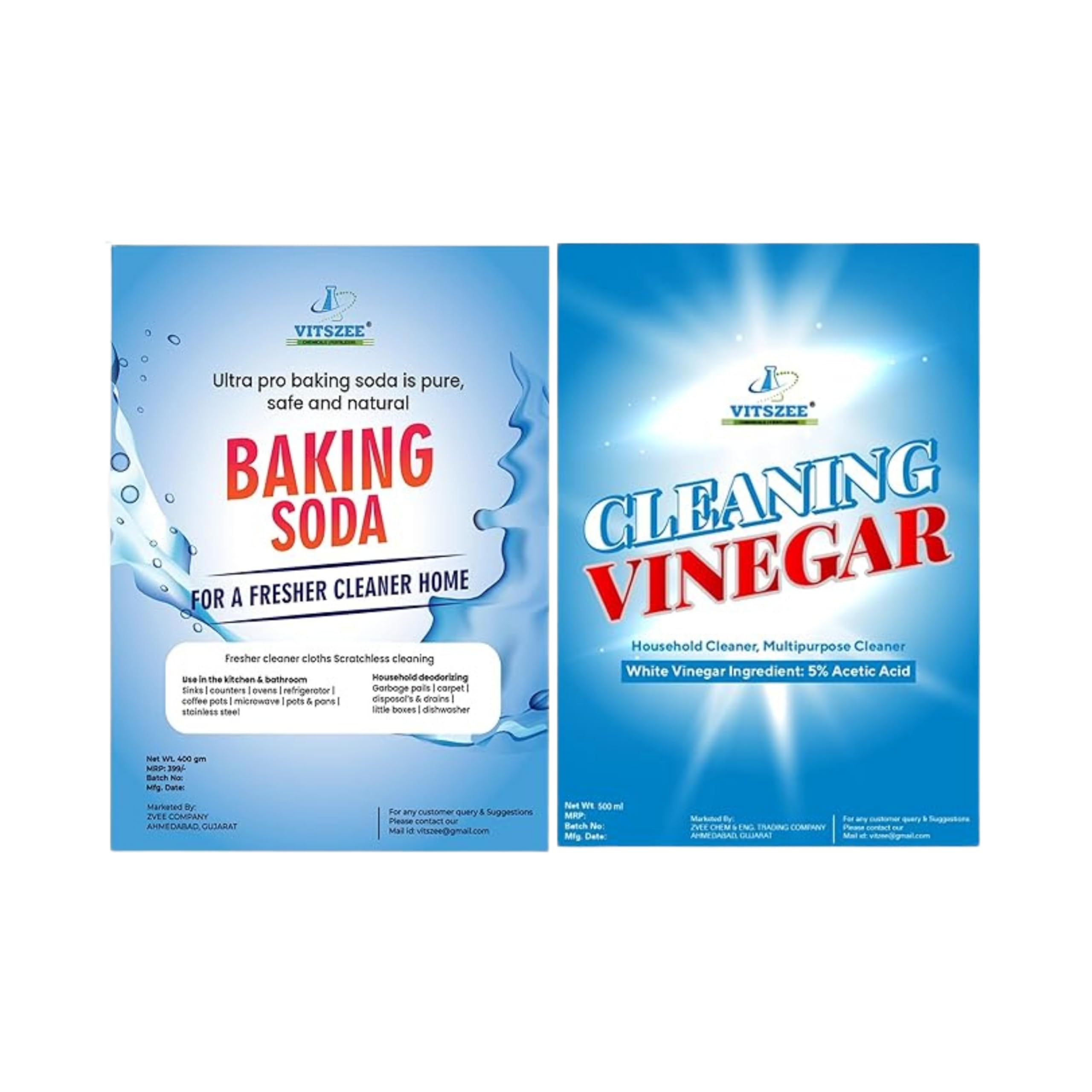 VITSZEE Baking Soda 400g & White Cleaning Vinegar 500ml Set | Organic Washing Machine Drum Cleaner | Multi-Purpose Stain Remover for Kitchen, Bathroom & Laundry | Deep Cleaning Solution for Appliances, Tiles & Surfaces