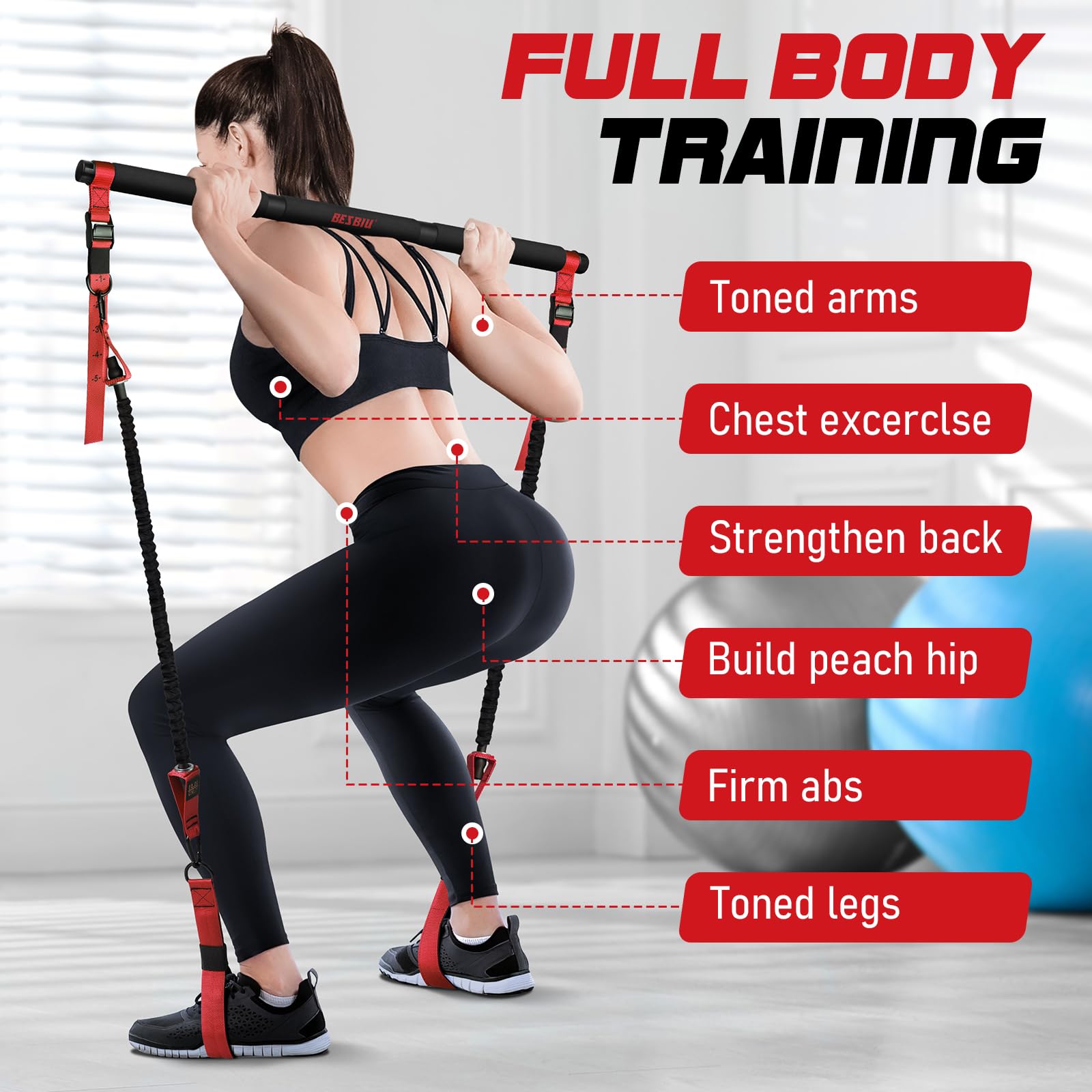 Premium Pilates Bar Kit with 210lbs Resistance Bands - Home Gym Equipment for Full Body Workout | Includes Handles for Men & Women | Perfect for Strength Training, Yoga, and Fitness Routines at Home or Studio
