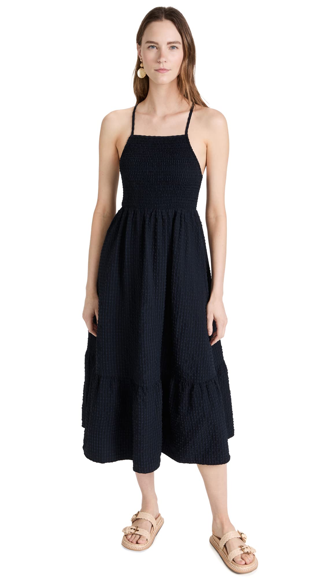 Scotch & Soda Women's Midi Length Halter Dress with Smocking Details - Flowy Summer Dress for Beach, Wedding & Vacation | Casual & Elegant Style