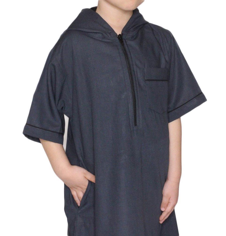 Boys Islamic Thobe - Full Length Short Sleeve Prayer Dress for Kids - Light Gray - Perfect for Eid, Mosque & Islamic Celebrations