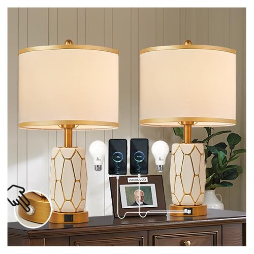2 Pack Modern Touch Control Ceramic Table Lamps with USB Ports & Fabric Drum Shade - Black/White Nightstand Lamps for Bedroom, Living Room, Office - Includes LED Bulbs (White) - Perfect for Reading, Relaxing & Home Decor