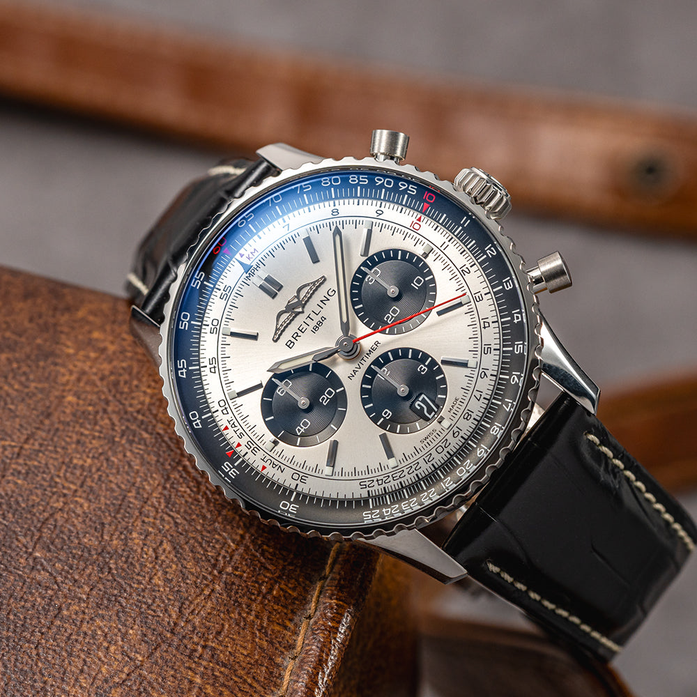 Breitling Navitimer B01 Chronograph 43mm Silver Dial Men's Watch with Leather Strap - Luxury Pilot Watch for Aviation & Business Professionals