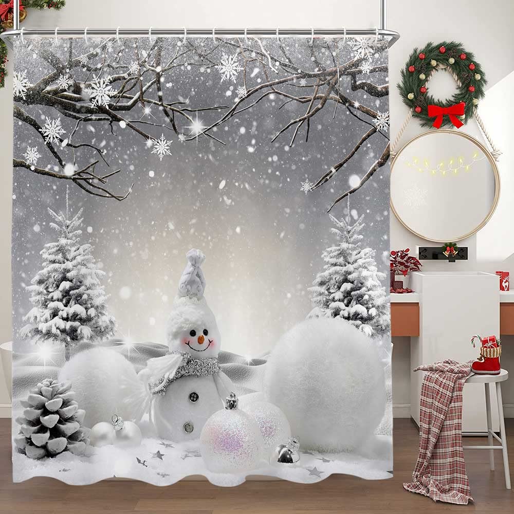 Grey Snowman Shower Curtain Set - 72x72 Inch Winter Snowflake Christmas Bathroom Decor with Hooks | Waterproof Fabric Shower Curtain for Holiday Home Decor, Kids' Bathroom & Seasonal Restroom Accessories