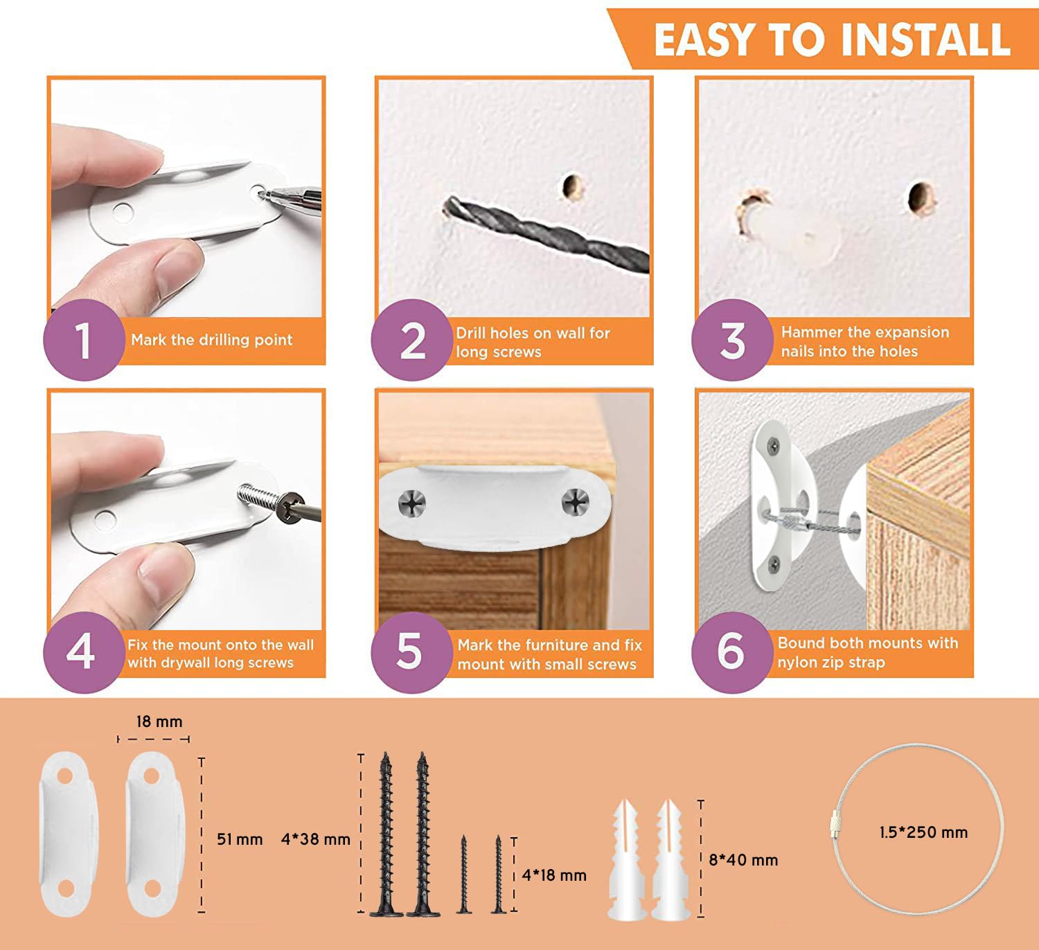 10-Pack Heavy Duty Furniture Anchors - 400lbs Capacity Earthquake Resistant Wall Straps for Baby Proofing Dressers, Bookcases & Shelves | Secure Furniture Safety Kit for Childproofing & Earthquake Protection