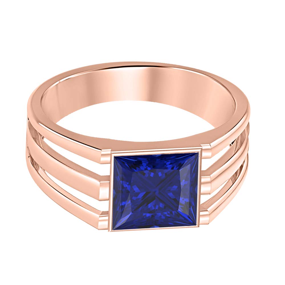 14K Rose Gold Plated Princess Cut Blue Sapphire Men's Wedding Band - Solitaire Engagement Ring for Him - Perfect for Proposals, Anniversaries & Special Occasions